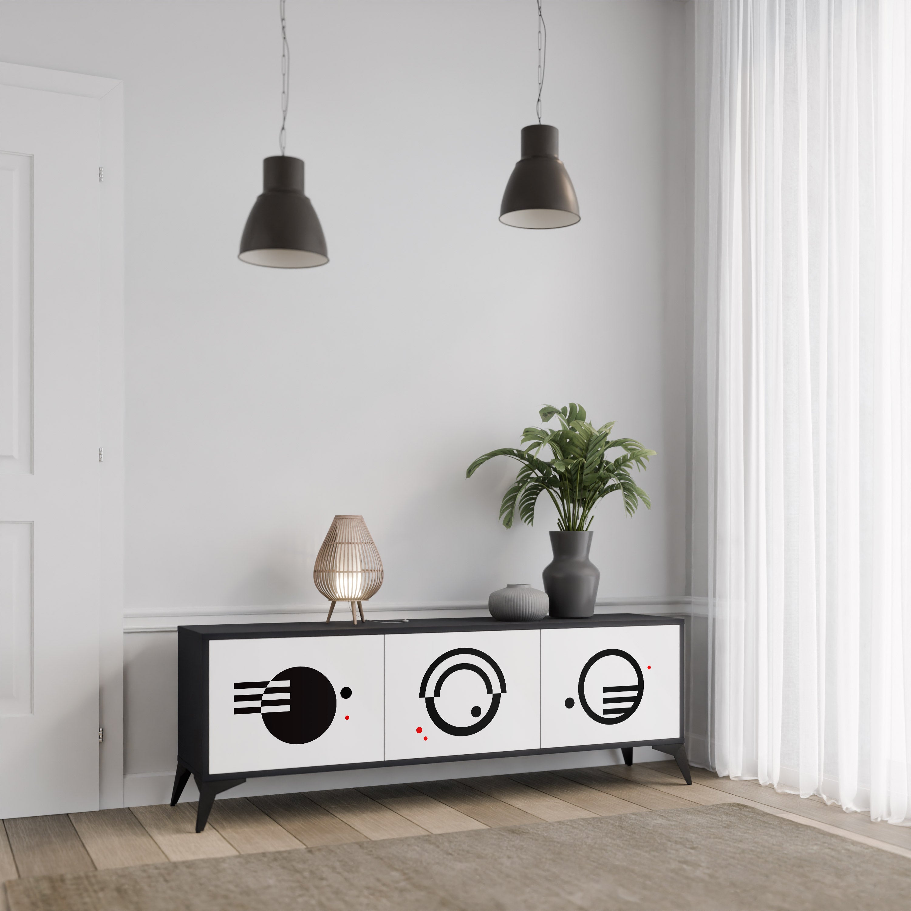 Mueble de TV de 3 puertas COMBINACIÓN BLANCO Y NEGRO en acabado negro