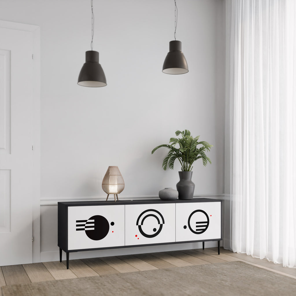 Mueble de TV de 3 puertas COMBINACIÓN BLANCO Y NEGRO en acabado negro