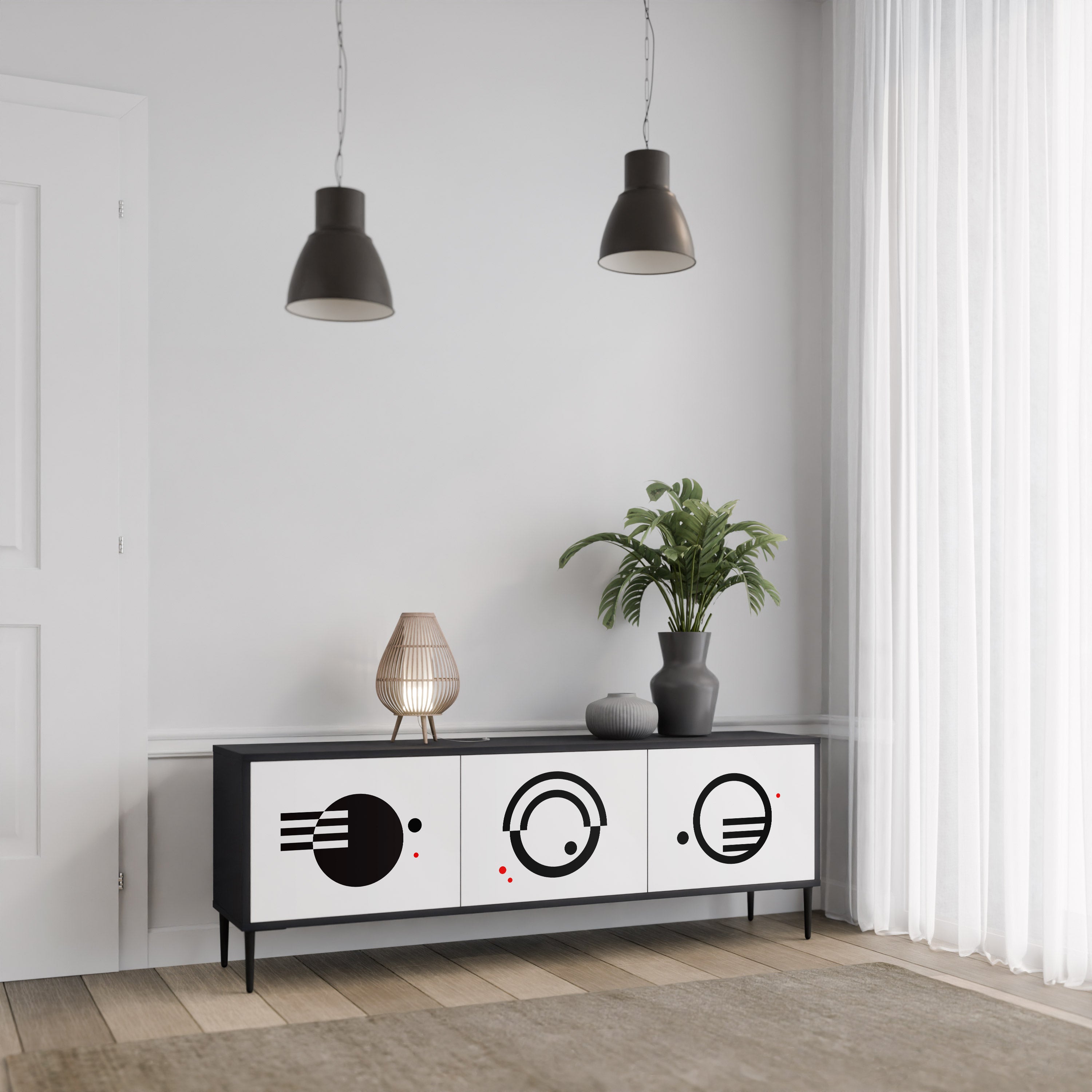 Mueble de TV de 3 puertas COMBINACIÓN BLANCO Y NEGRO en acabado negro