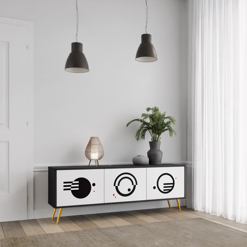 Mueble de TV de 3 puertas COMBINACIÓN BLANCO Y NEGRO en acabado negro