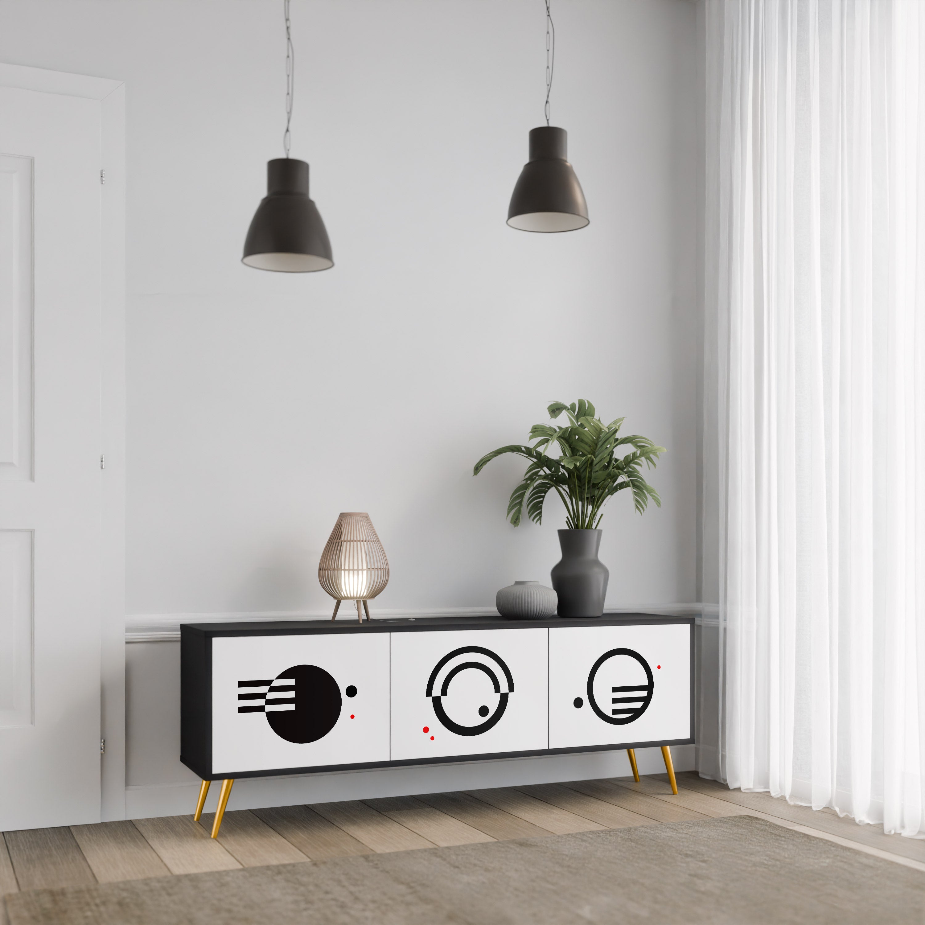 Mueble de TV de 3 puertas COMBINACIÓN BLANCO Y NEGRO en acabado negro