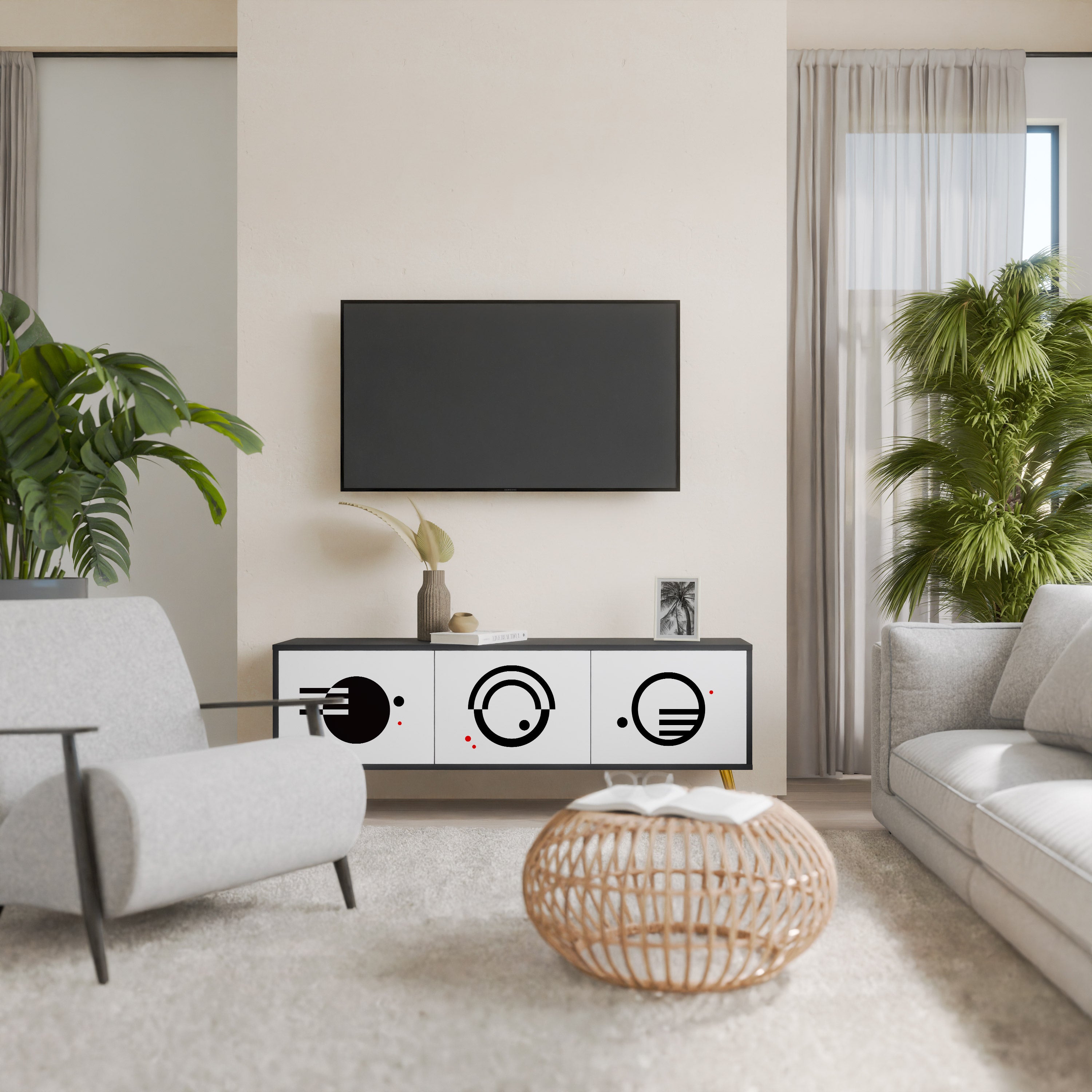 Mueble de TV de 3 puertas COMBINACIÓN BLANCO Y NEGRO en acabado negro