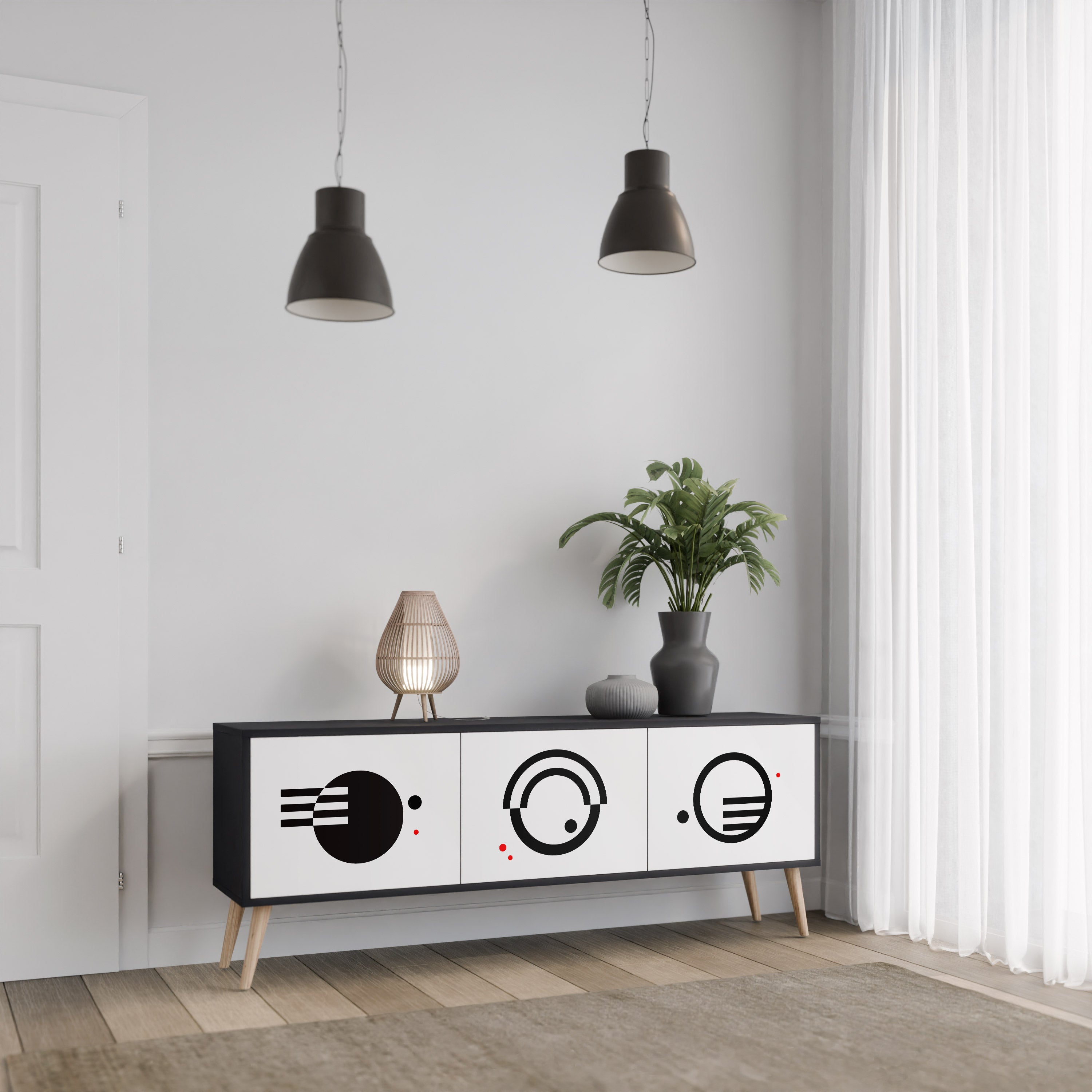 Mueble de TV de 3 puertas COMBINACIÓN BLANCO Y NEGRO en acabado negro