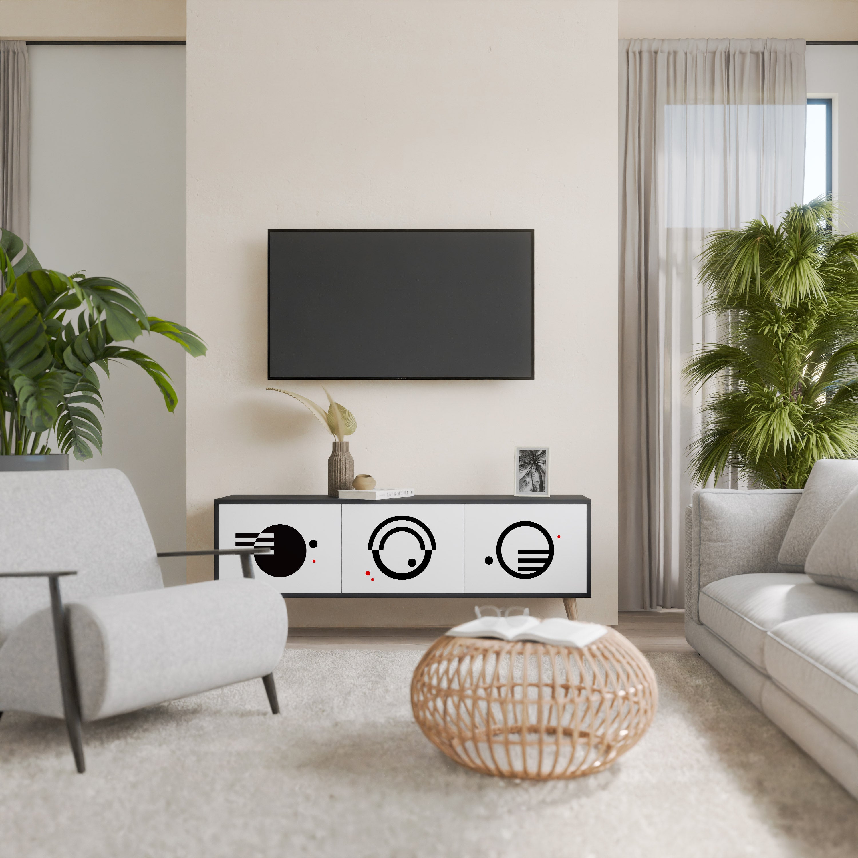Mueble de TV de 3 puertas COMBINACIÓN BLANCO Y NEGRO en acabado negro
