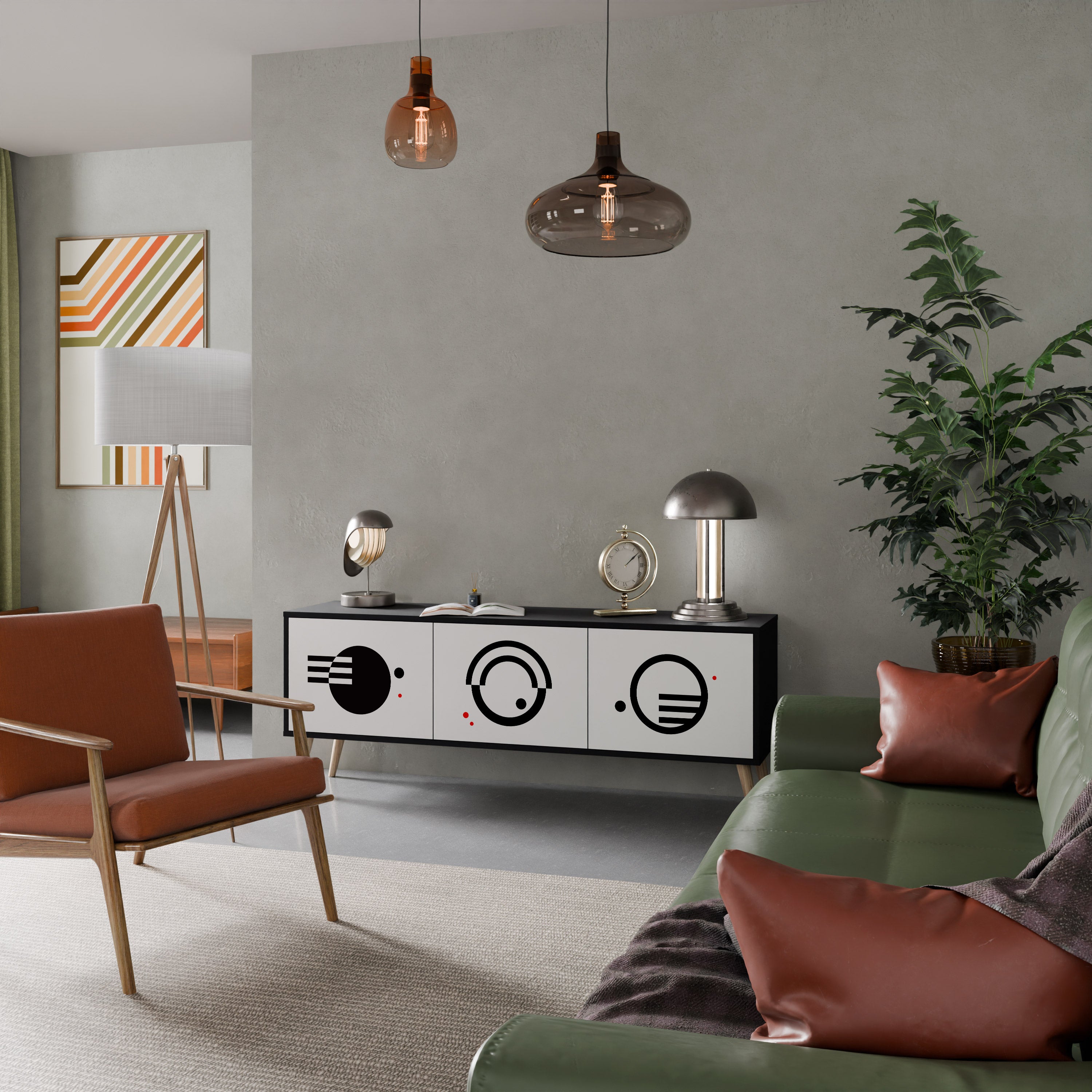 Mueble de TV de 3 puertas COMBINACIÓN BLANCO Y NEGRO en acabado negro