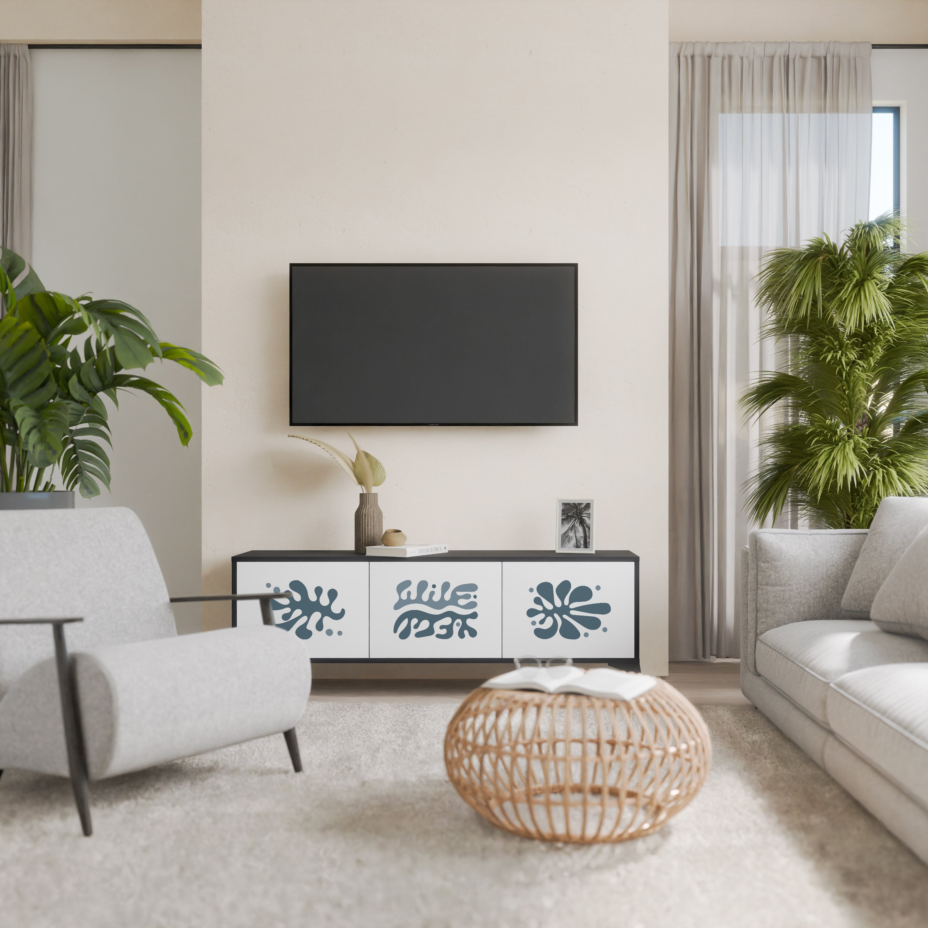 Mueble de TV de 3 puertas WONDERLAND VEGETATION en acabado negro