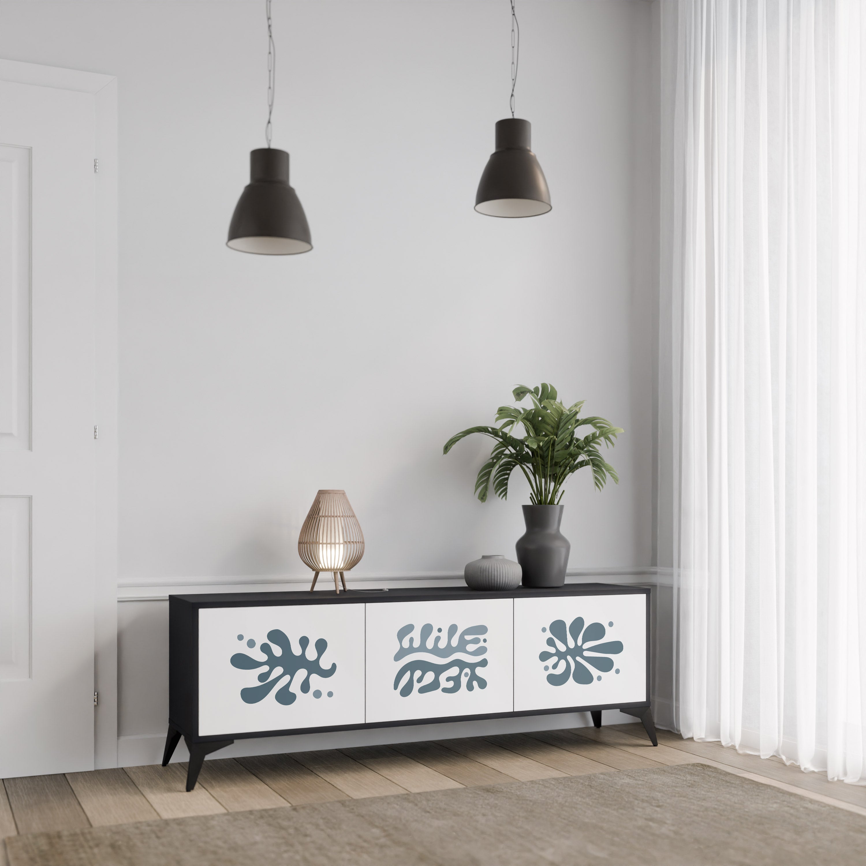 Mueble de TV de 3 puertas WONDERLAND VEGETATION en acabado negro