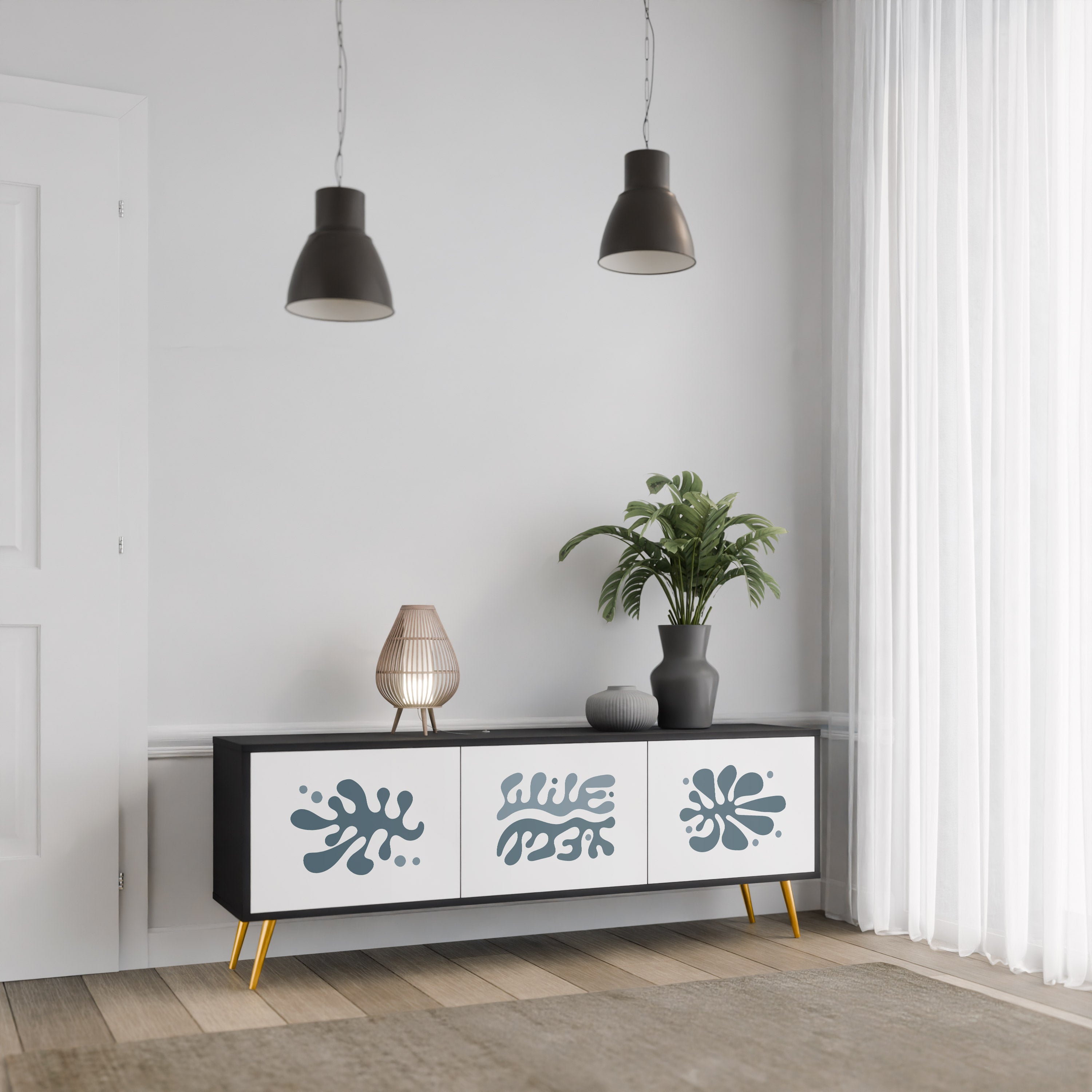 Mueble de TV de 3 puertas WONDERLAND VEGETATION en acabado negro