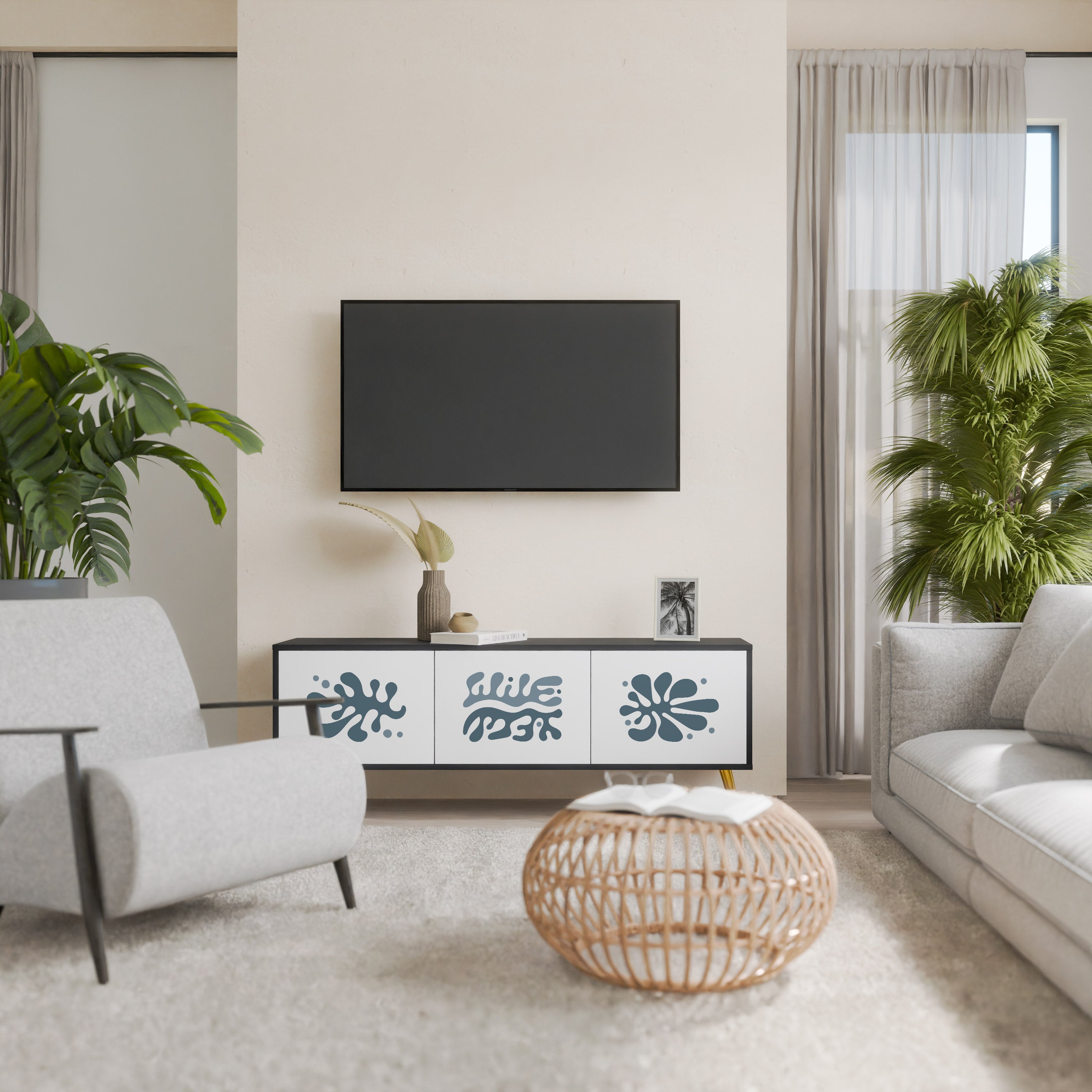 Mueble de TV de 3 puertas WONDERLAND VEGETATION en acabado negro