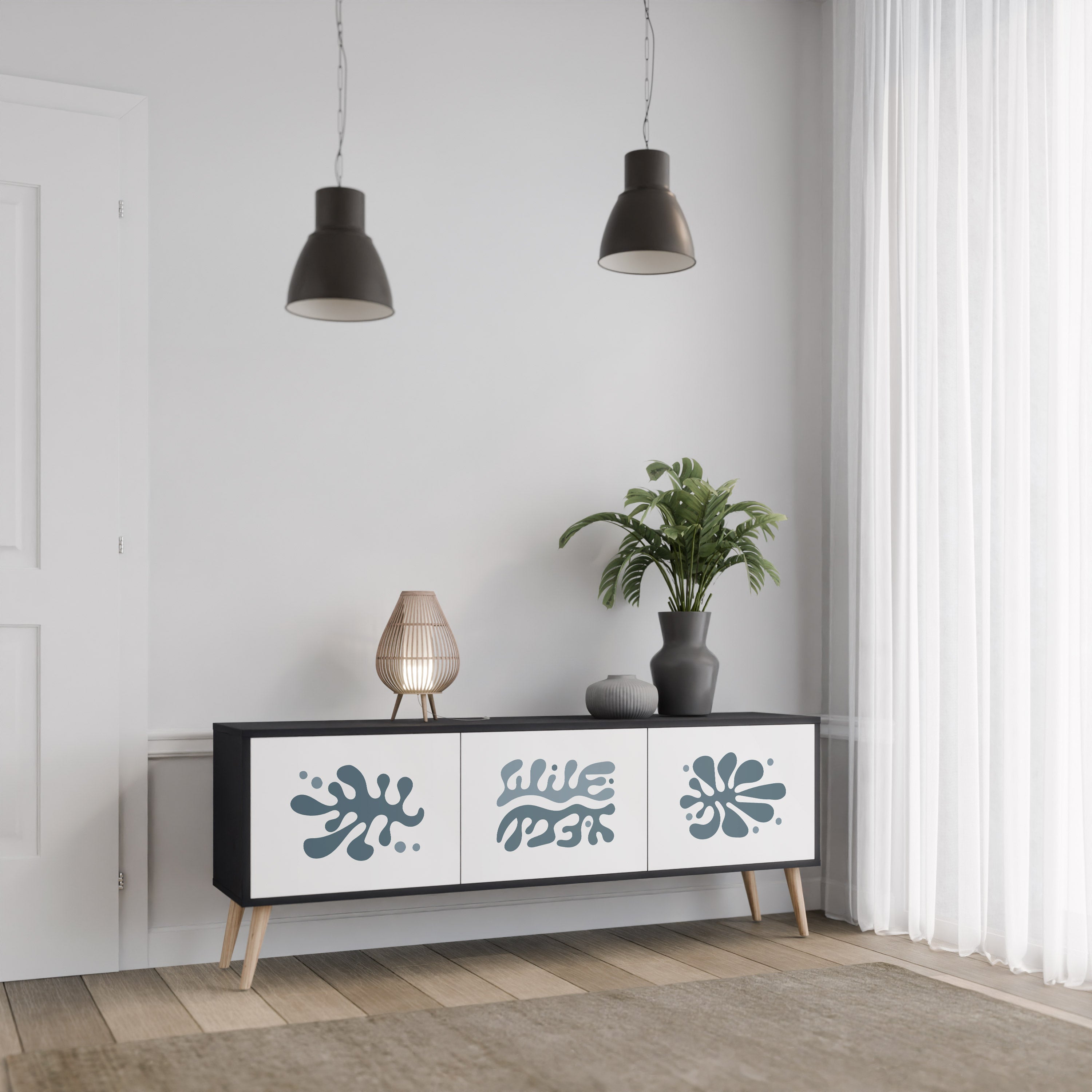 Mueble de TV de 3 puertas WONDERLAND VEGETATION en acabado negro