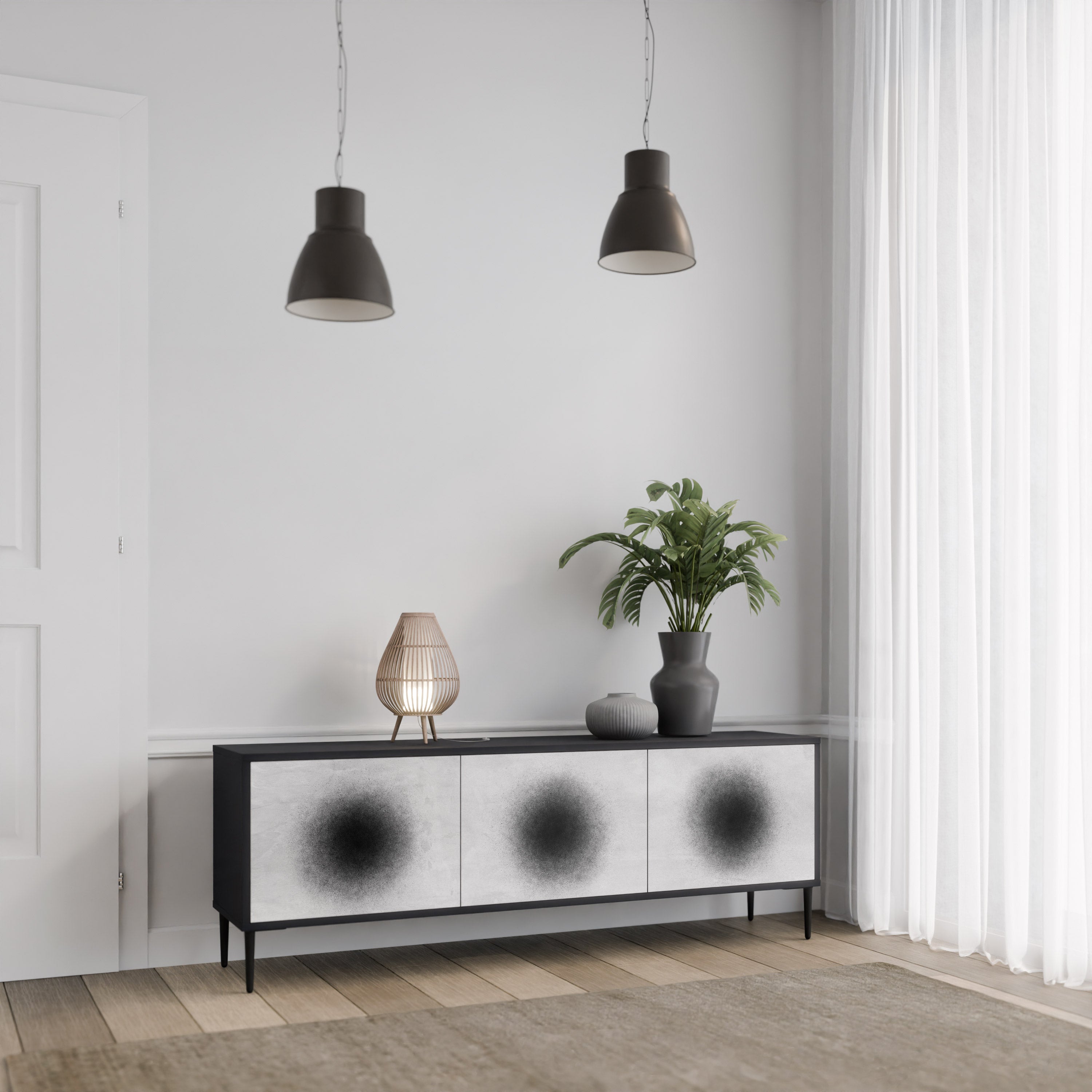 Mueble de TV de 3 puertas BLACK HOLE con acabado negro