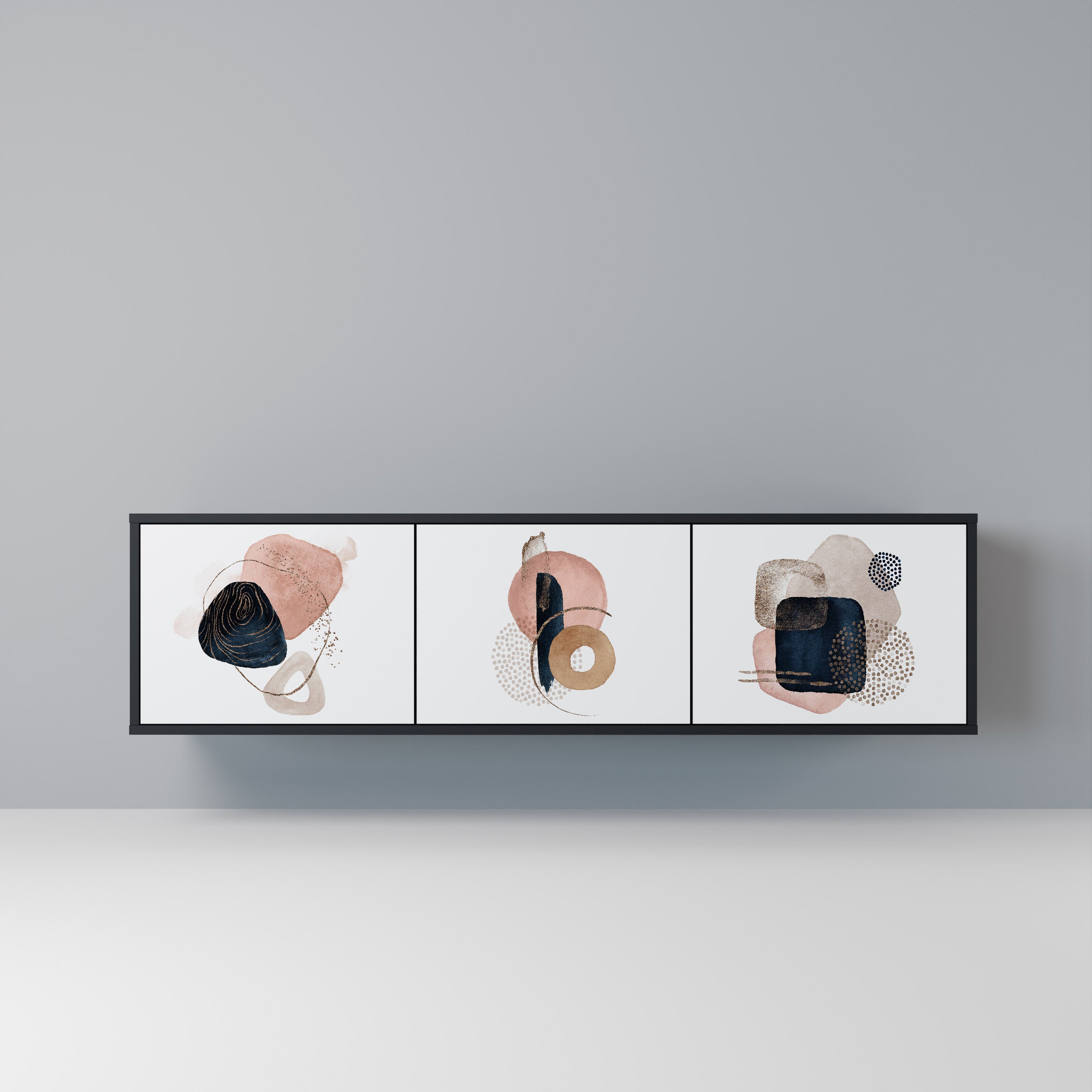 Mueble de TV de 3 puertas con formas coloridas en acabado negro