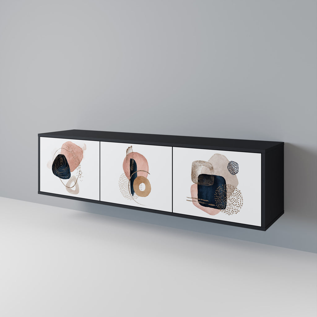 Mueble de TV de 3 puertas con formas coloridas en acabado negro