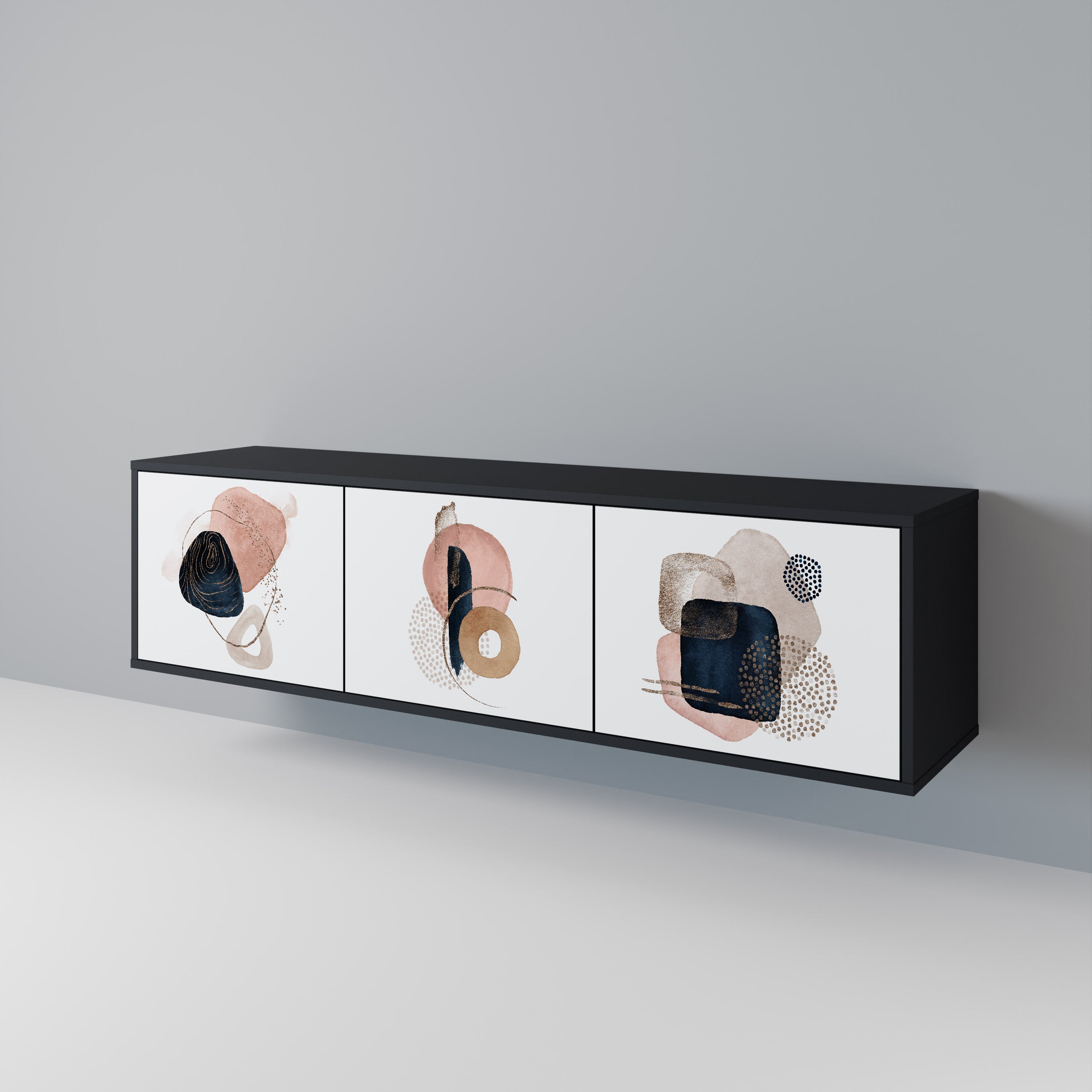 Mueble de TV de 3 puertas con formas coloridas en acabado negro