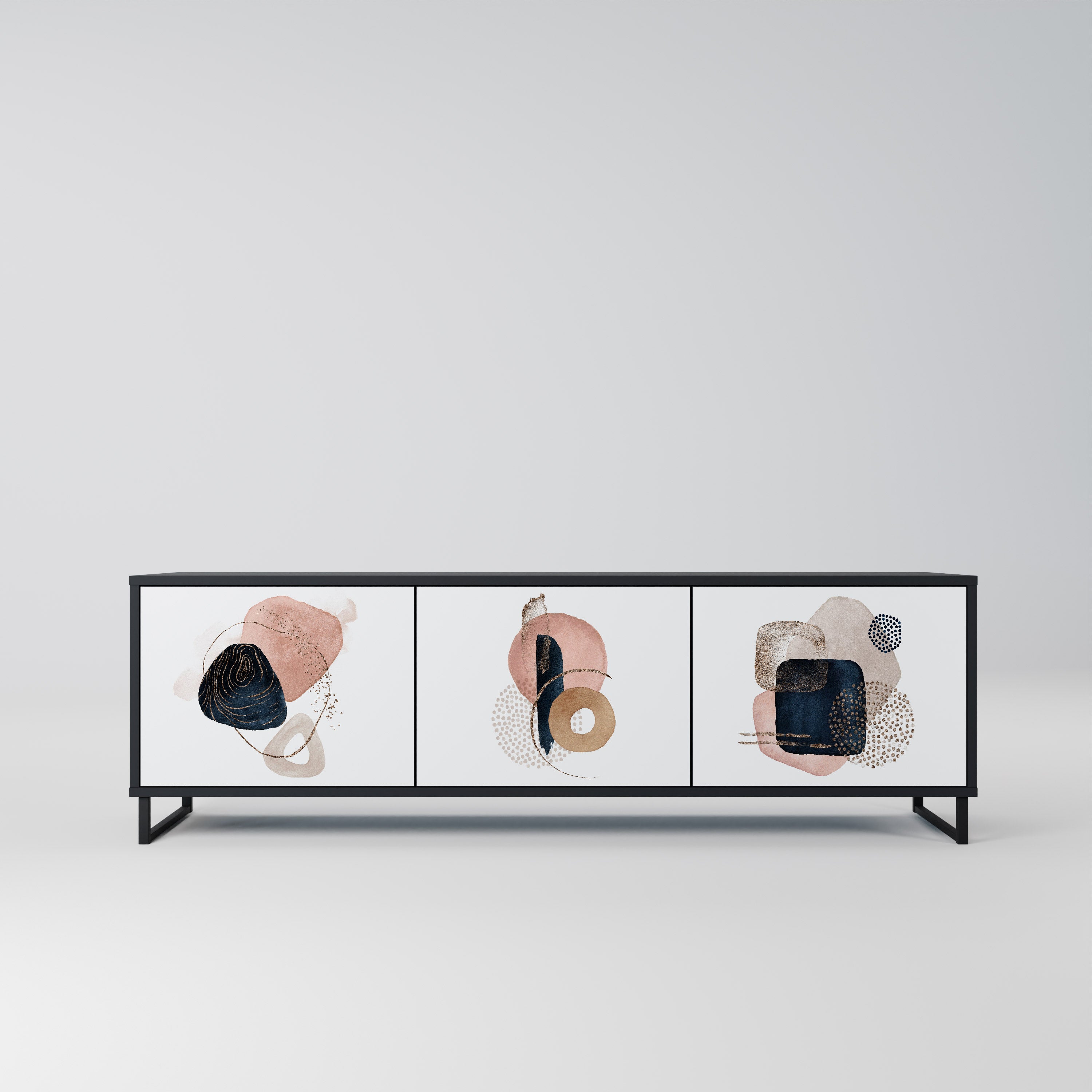 Mueble de TV de 3 puertas con formas coloridas en acabado negro