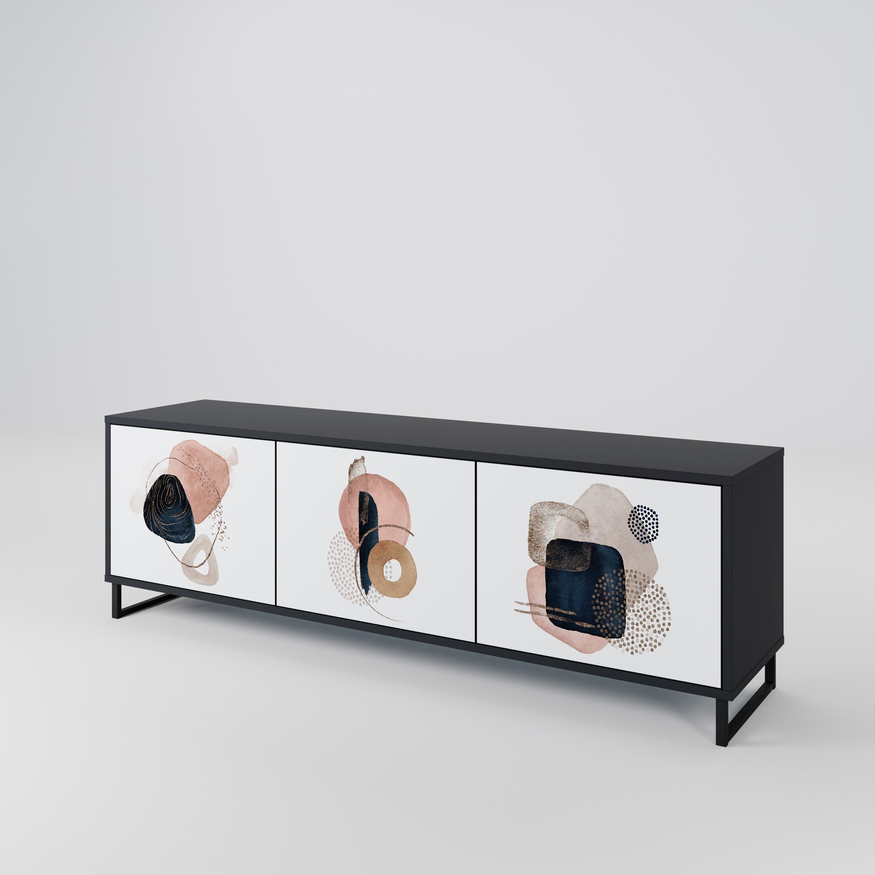 Mueble de TV de 3 puertas con formas coloridas en acabado negro