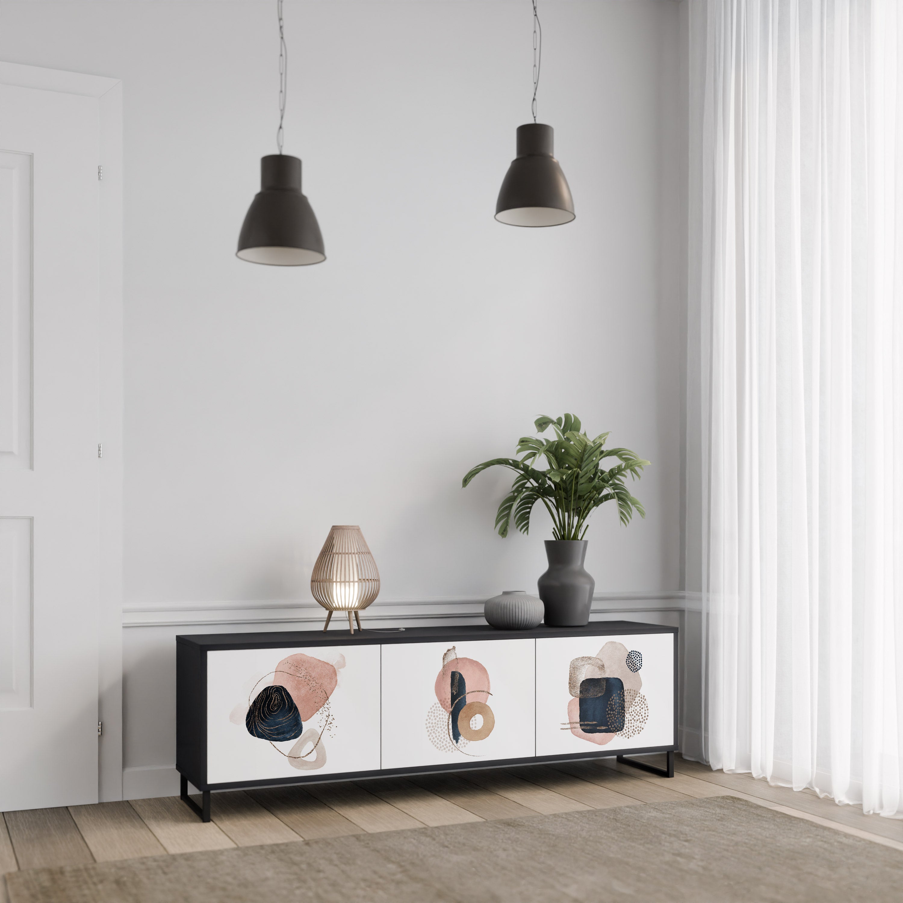 Mueble de TV de 3 puertas con formas coloridas en acabado negro