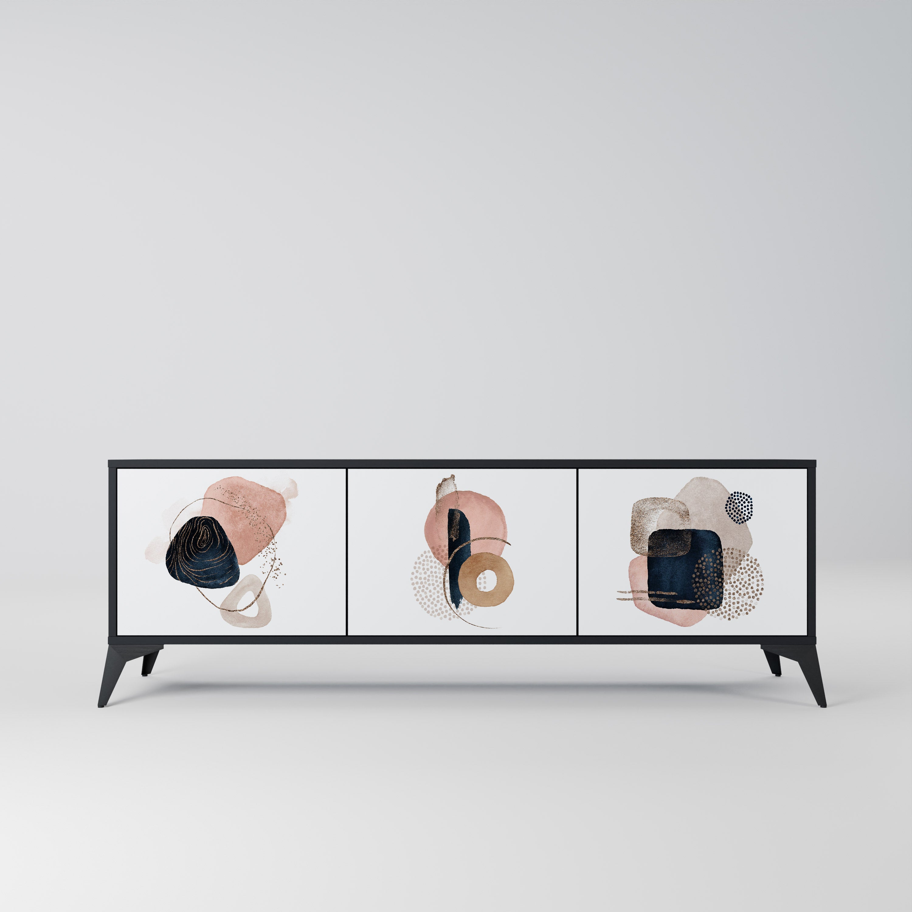 Mueble de TV de 3 puertas con formas coloridas en acabado negro