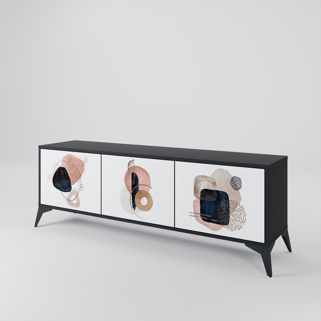 Mueble de TV de 3 puertas con formas coloridas en acabado negro