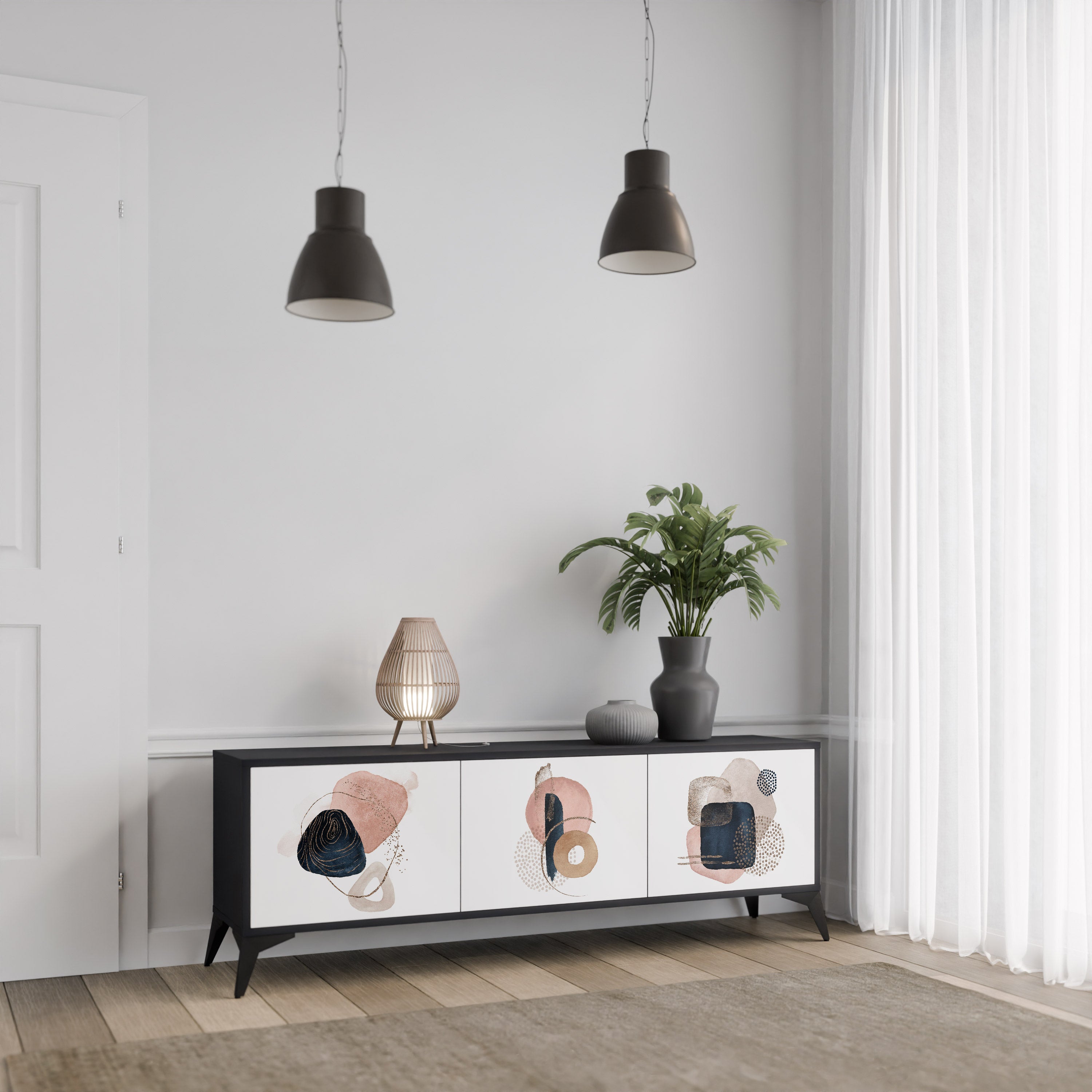 Mueble de TV de 3 puertas con formas coloridas en acabado negro