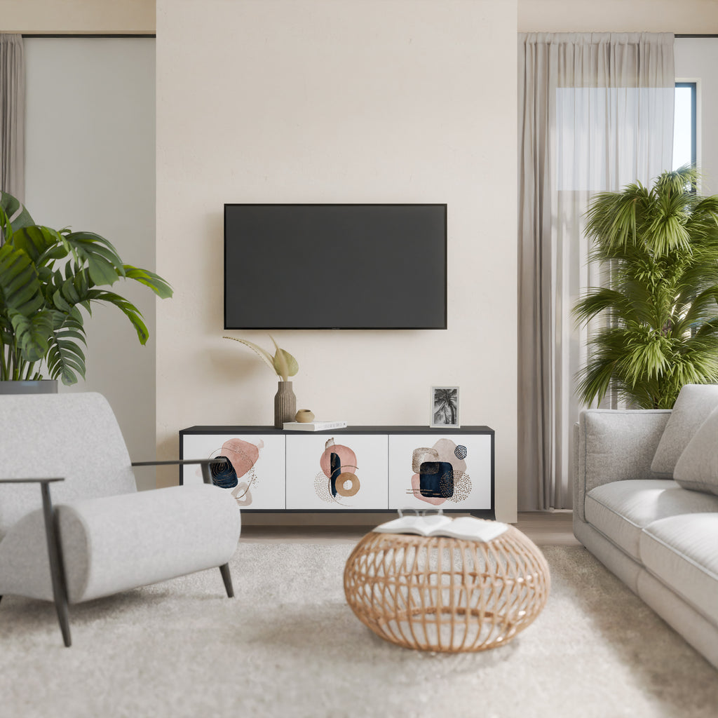 Mueble de TV de 3 puertas con formas coloridas en acabado negro