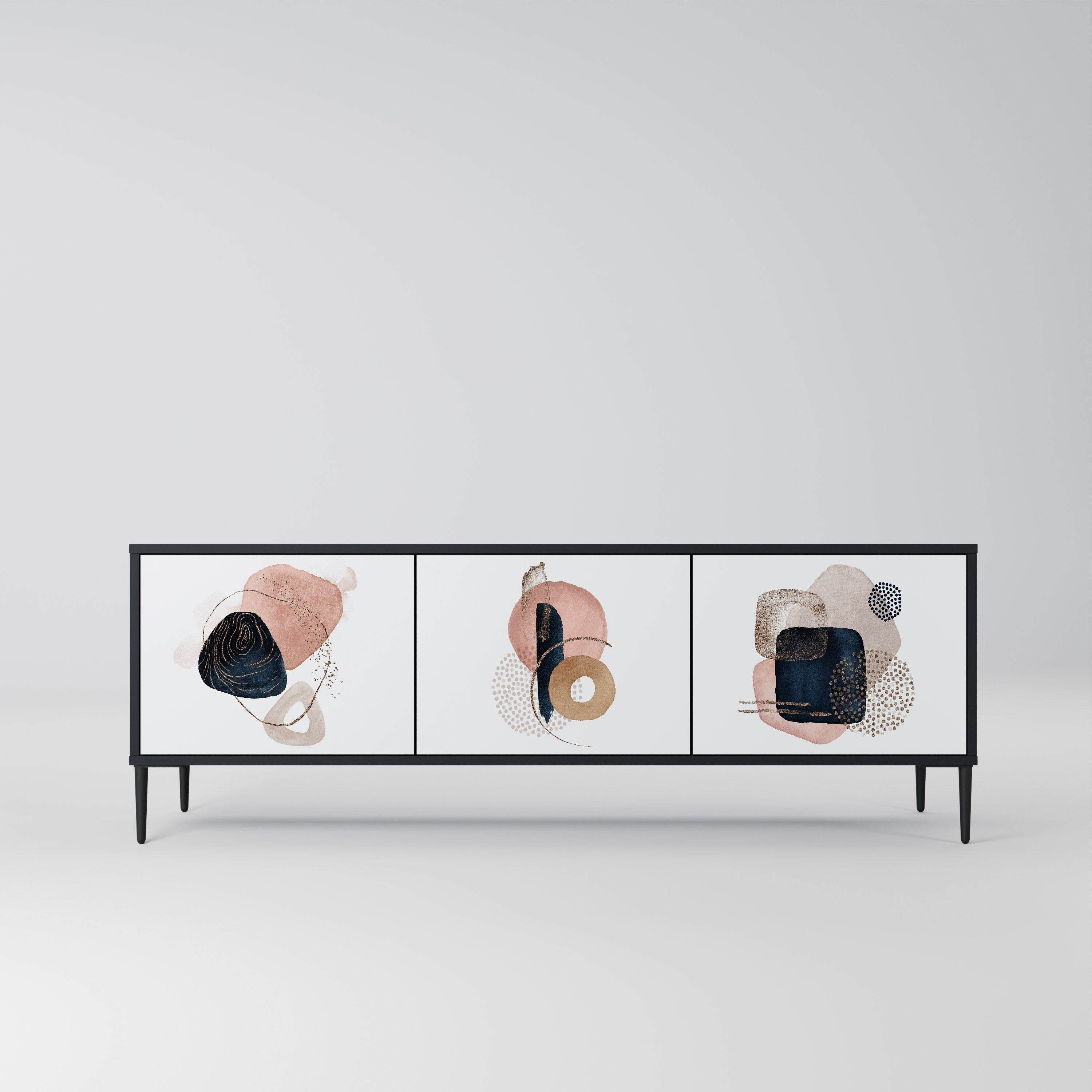 Mueble de TV de 3 puertas con formas coloridas en acabado negro