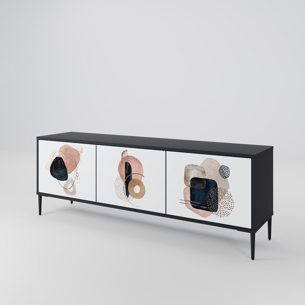 Mueble de TV de 3 puertas con formas coloridas en acabado negro