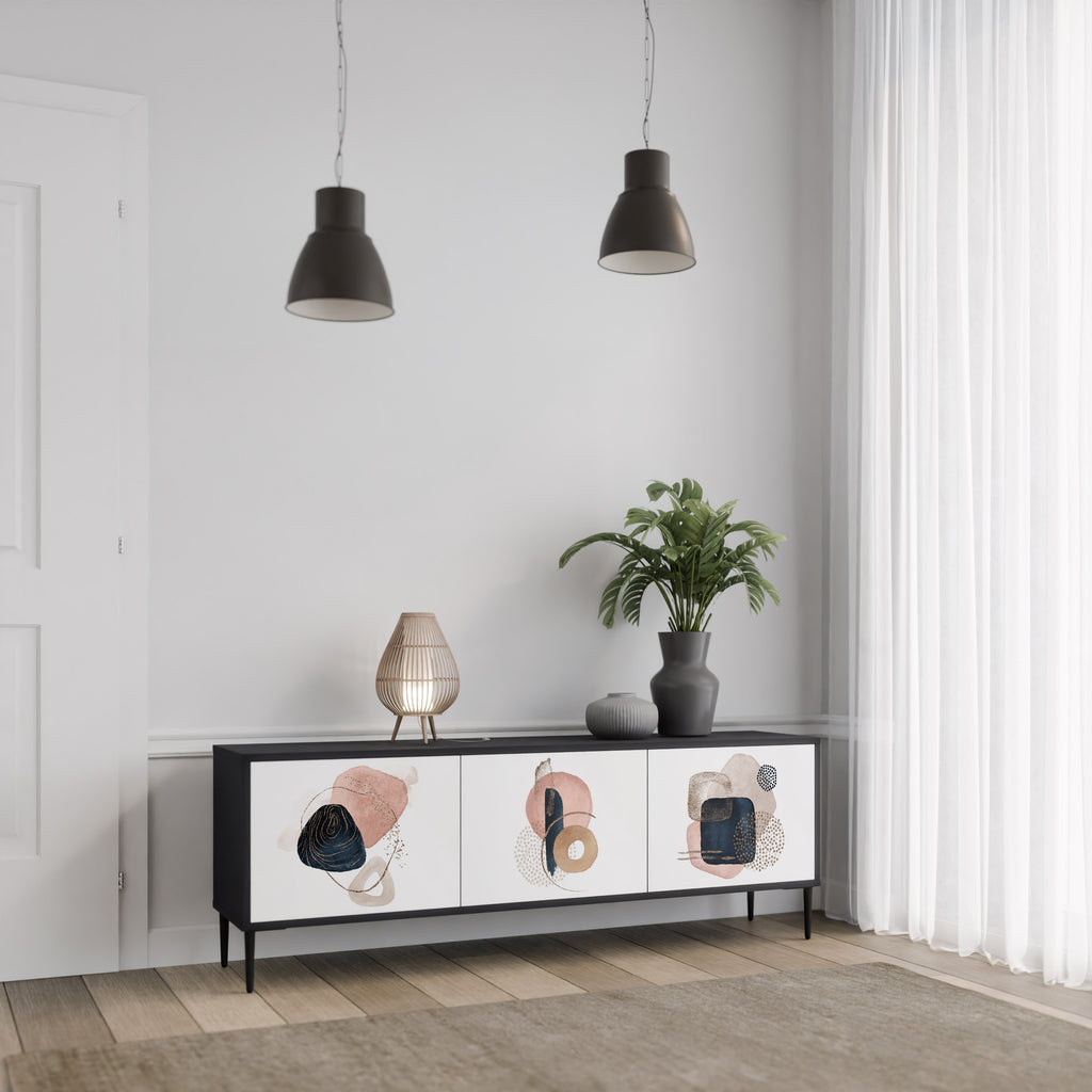 Mueble de TV de 3 puertas con formas coloridas en acabado negro