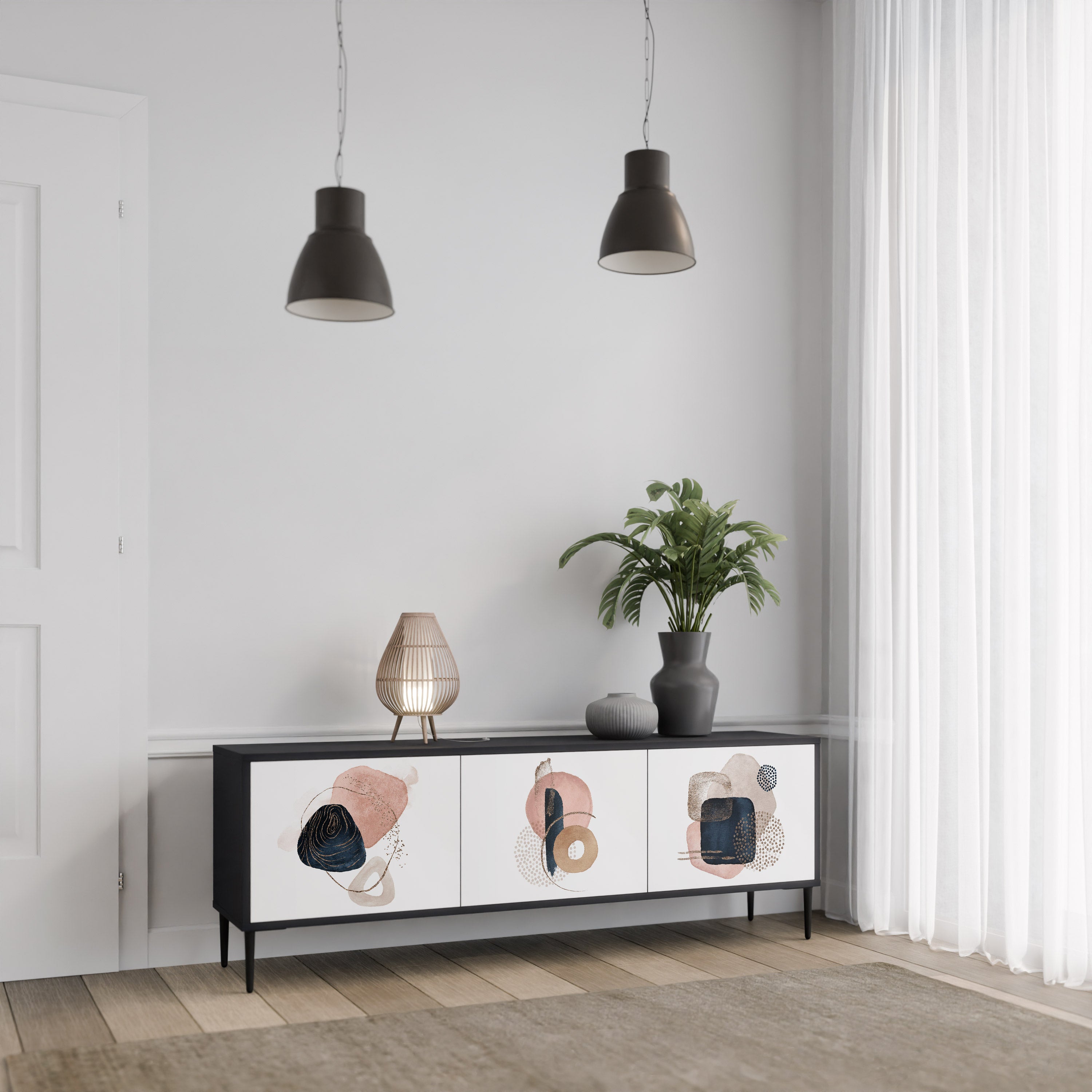 Mueble de TV de 3 puertas con formas coloridas en acabado negro