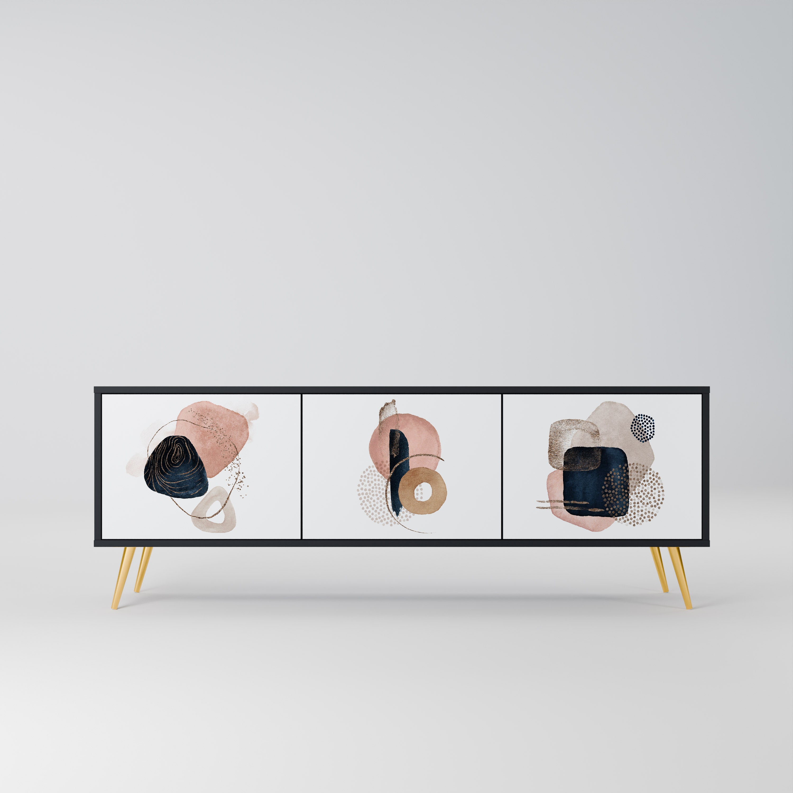 Mueble de TV de 3 puertas con formas coloridas en acabado negro
