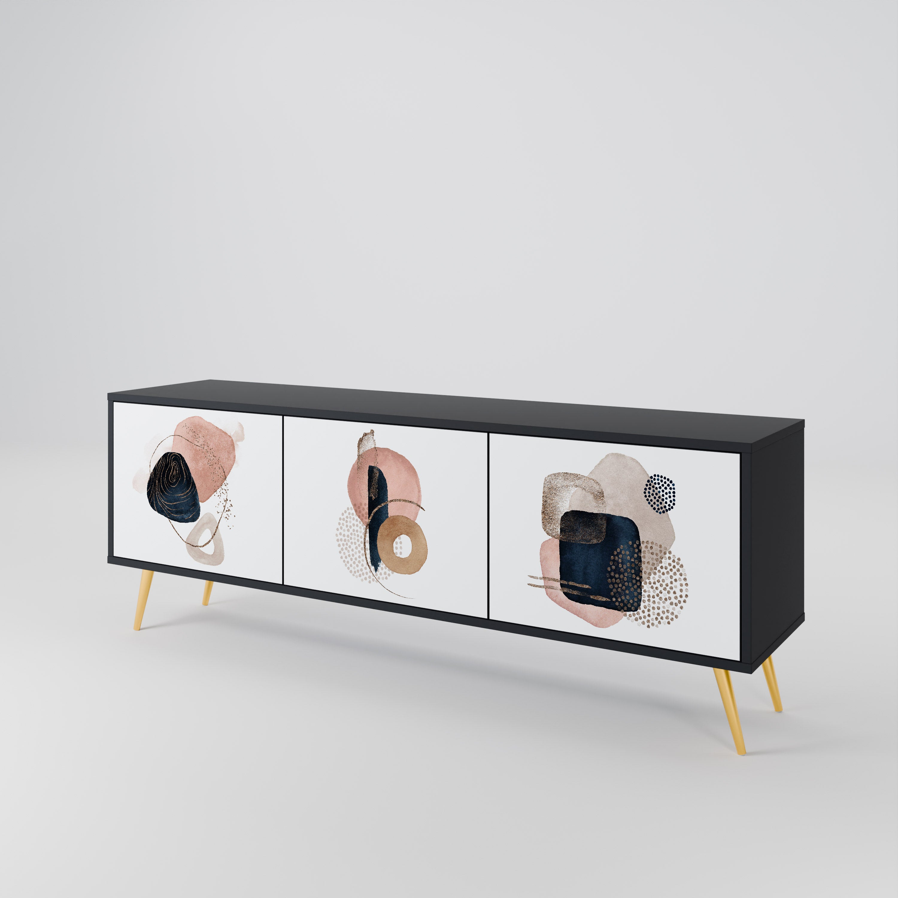 Mueble de TV de 3 puertas con formas coloridas en acabado negro