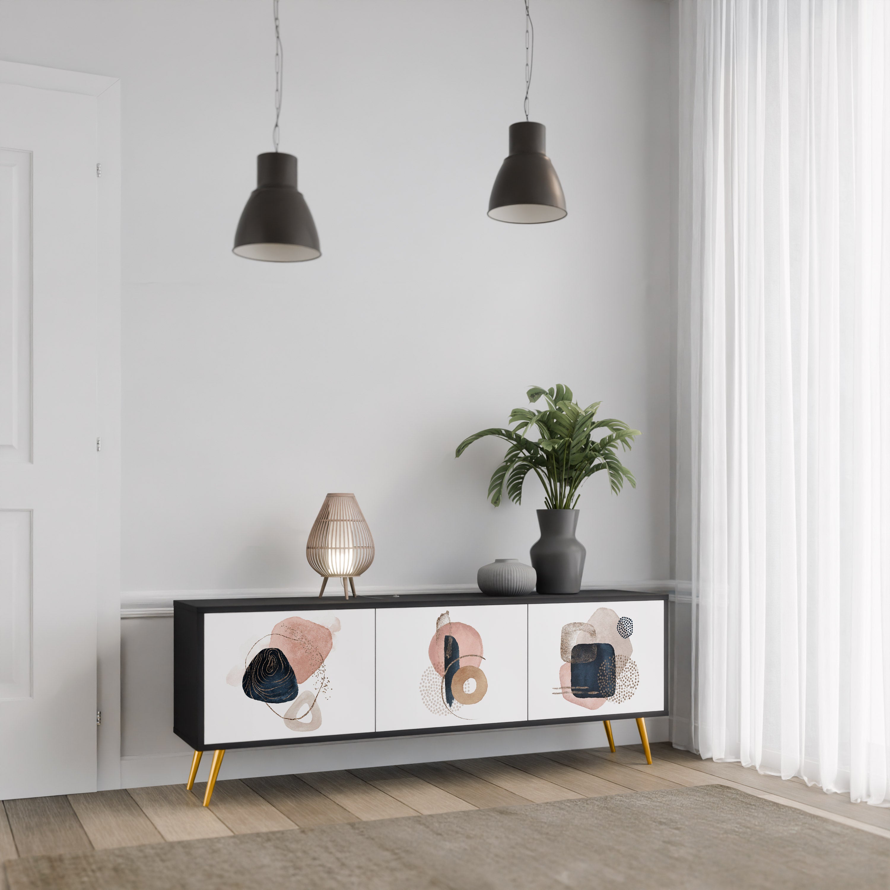 Mueble de TV de 3 puertas con formas coloridas en acabado negro