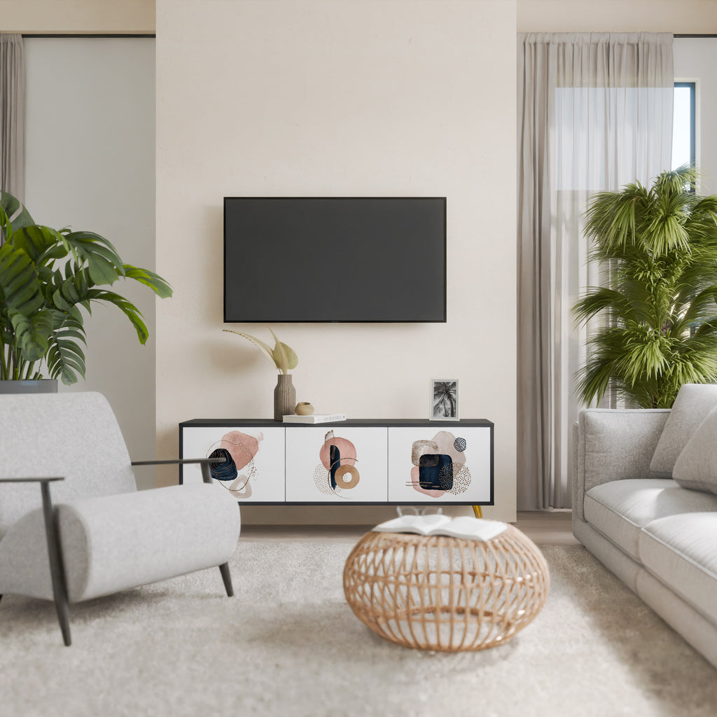 Mueble de TV de 3 puertas con formas coloridas en acabado negro