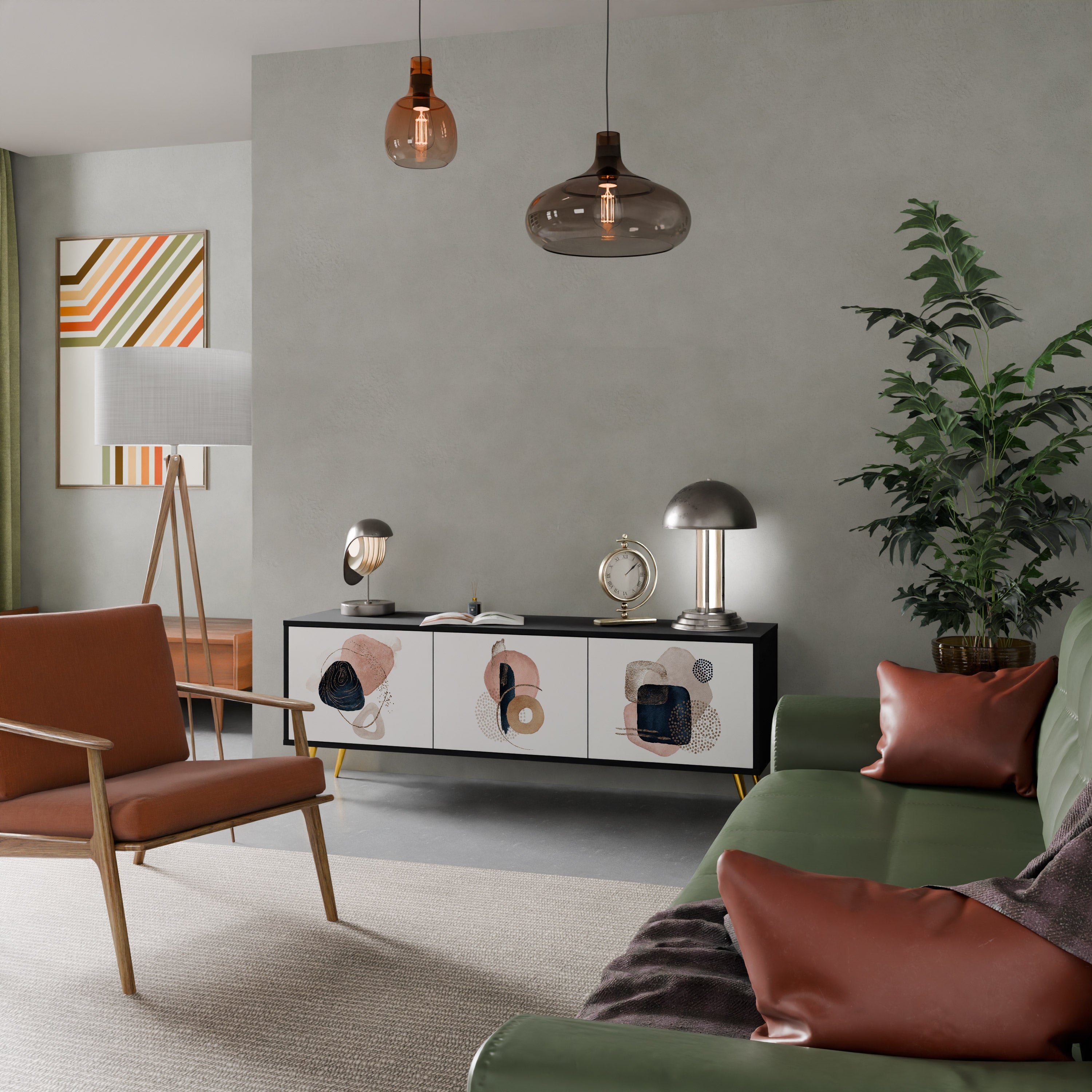 Mueble de TV de 3 puertas con formas coloridas en acabado negro