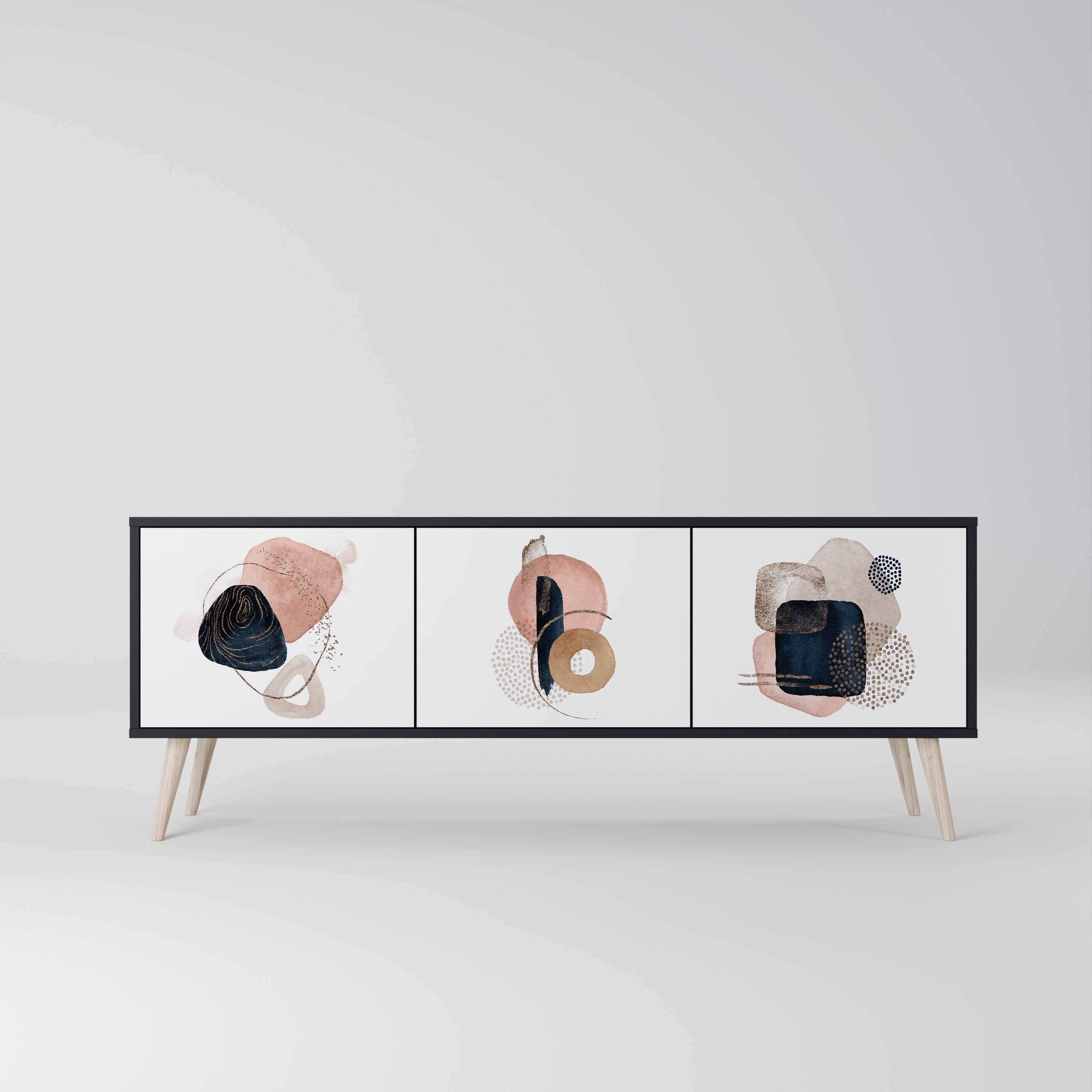 Mueble de TV de 3 puertas con formas coloridas en acabado negro