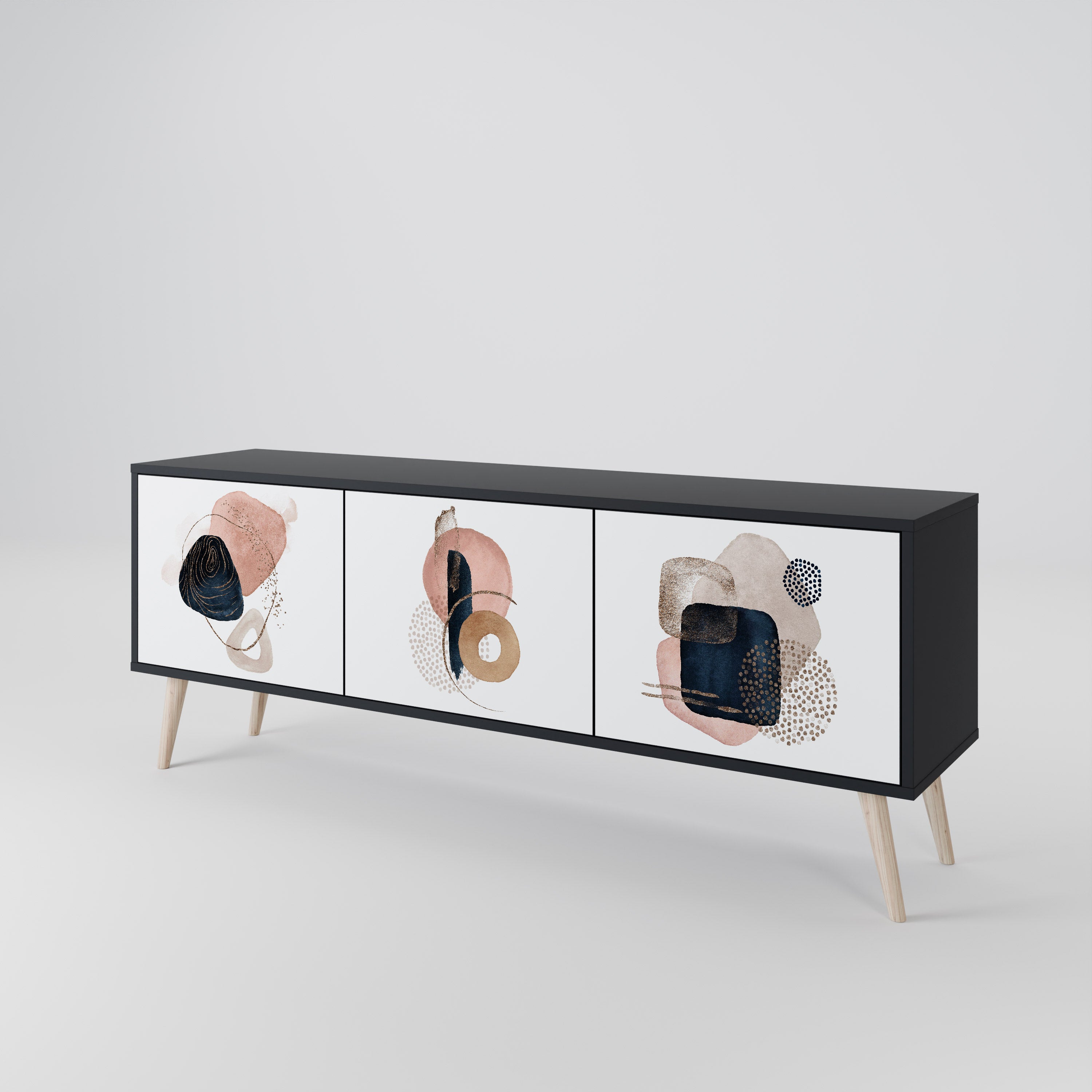 Mueble de TV de 3 puertas con formas coloridas en acabado negro