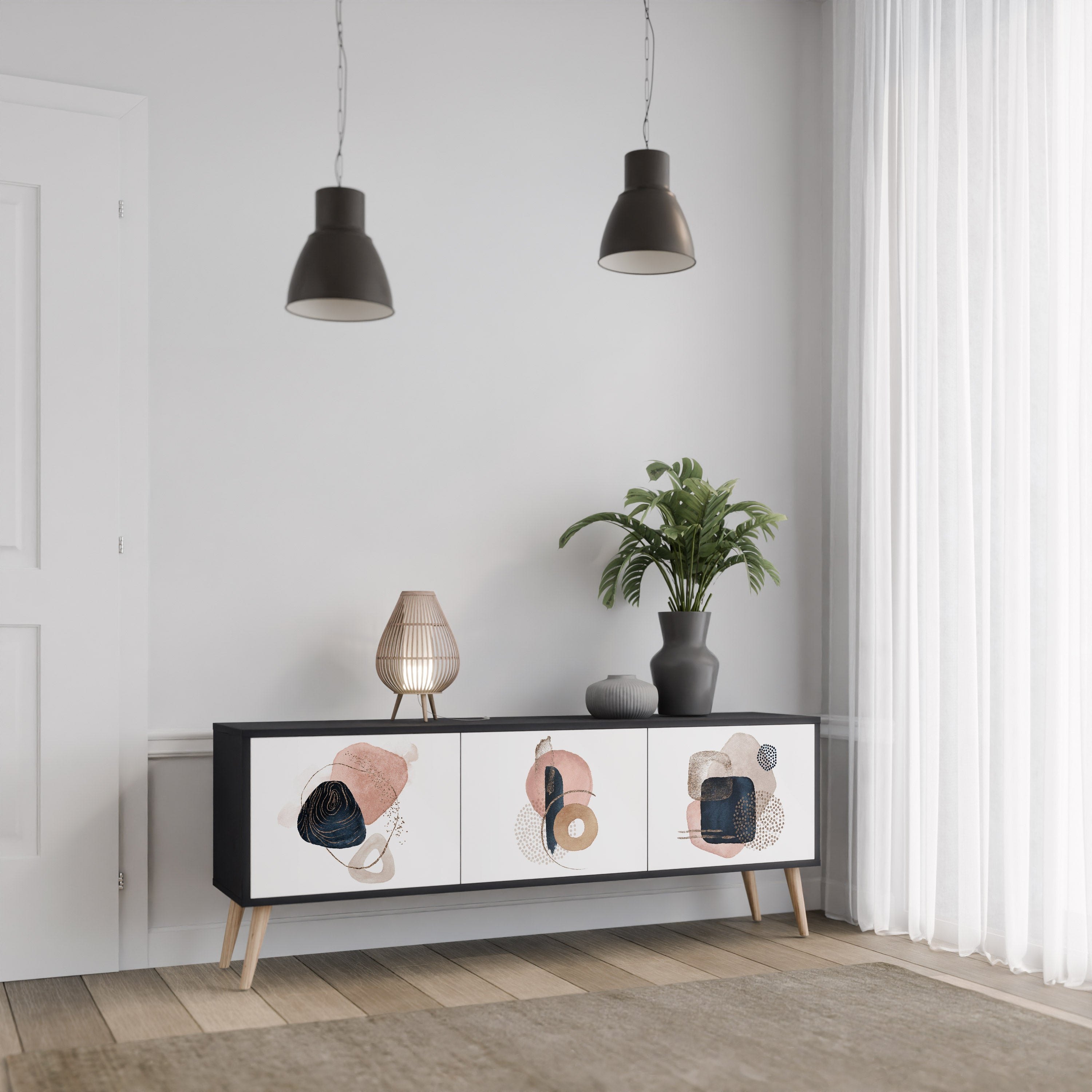 Mueble de TV de 3 puertas con formas coloridas en acabado negro