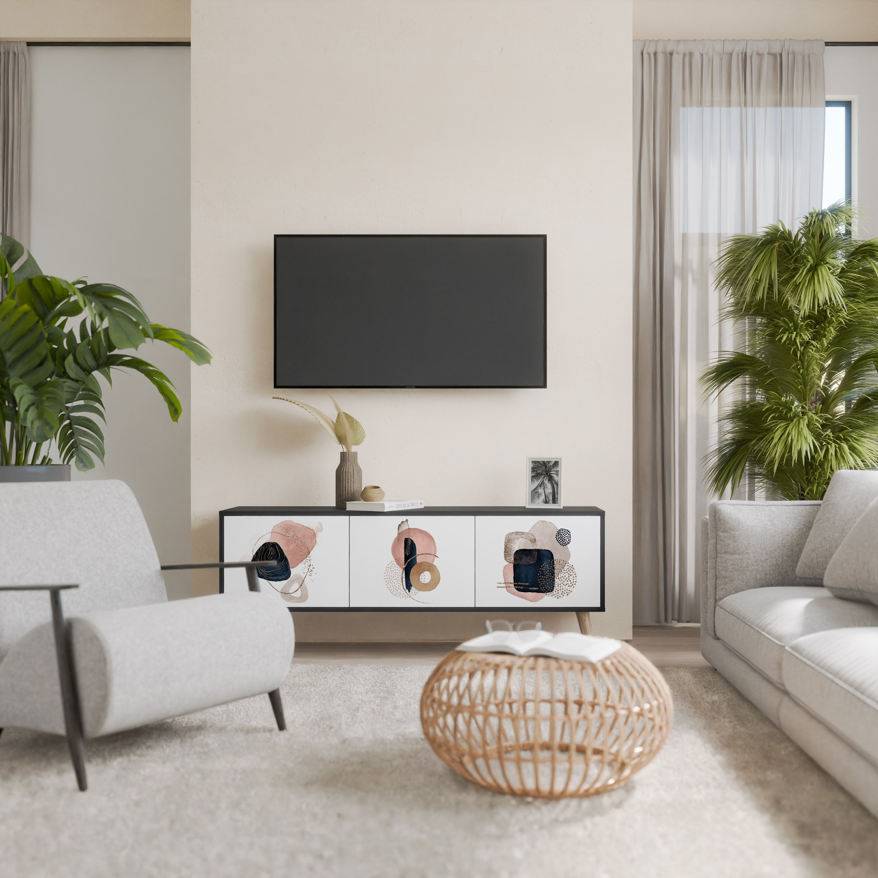 Mueble de TV de 3 puertas con formas coloridas en acabado negro