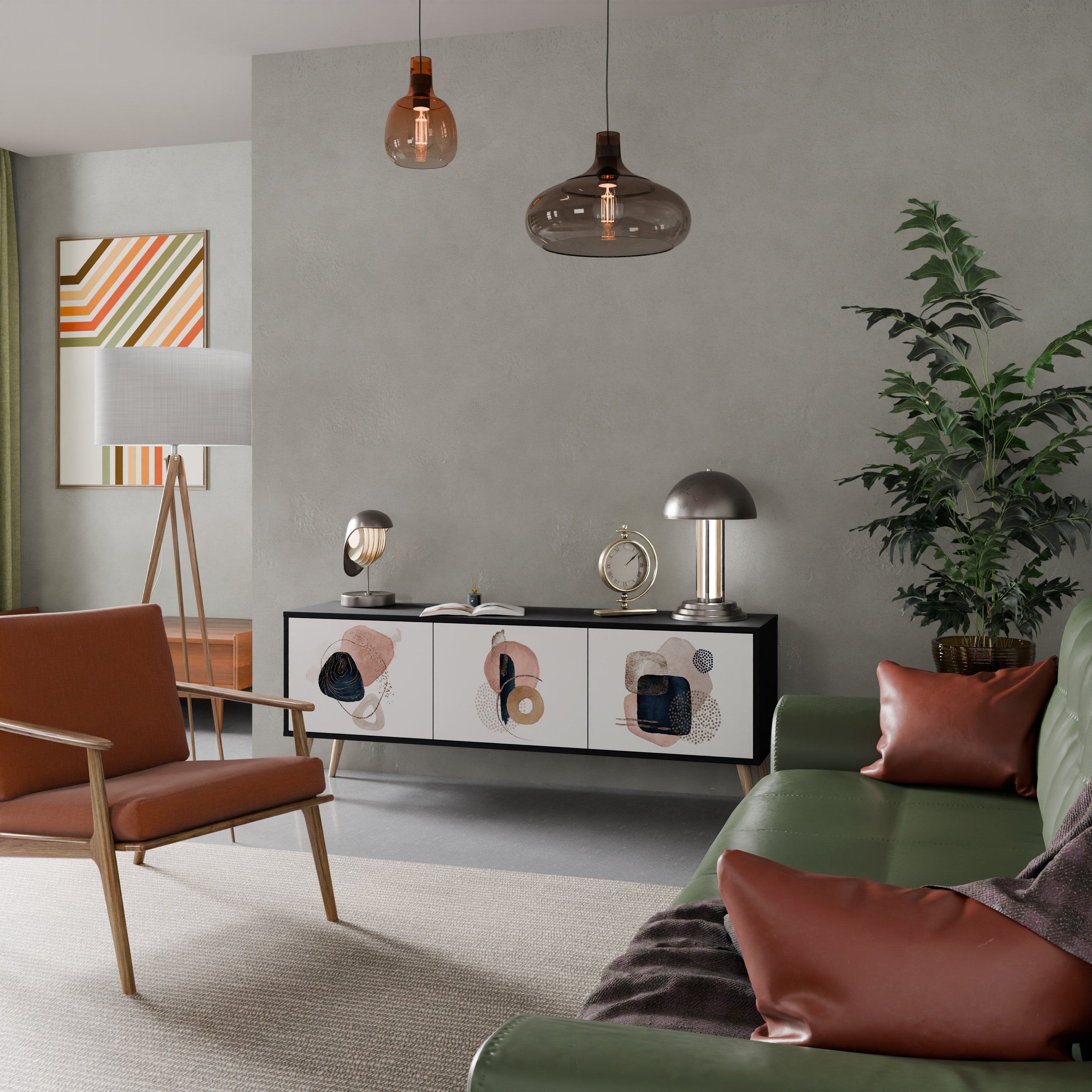 Mueble de TV de 3 puertas con formas coloridas en acabado negro