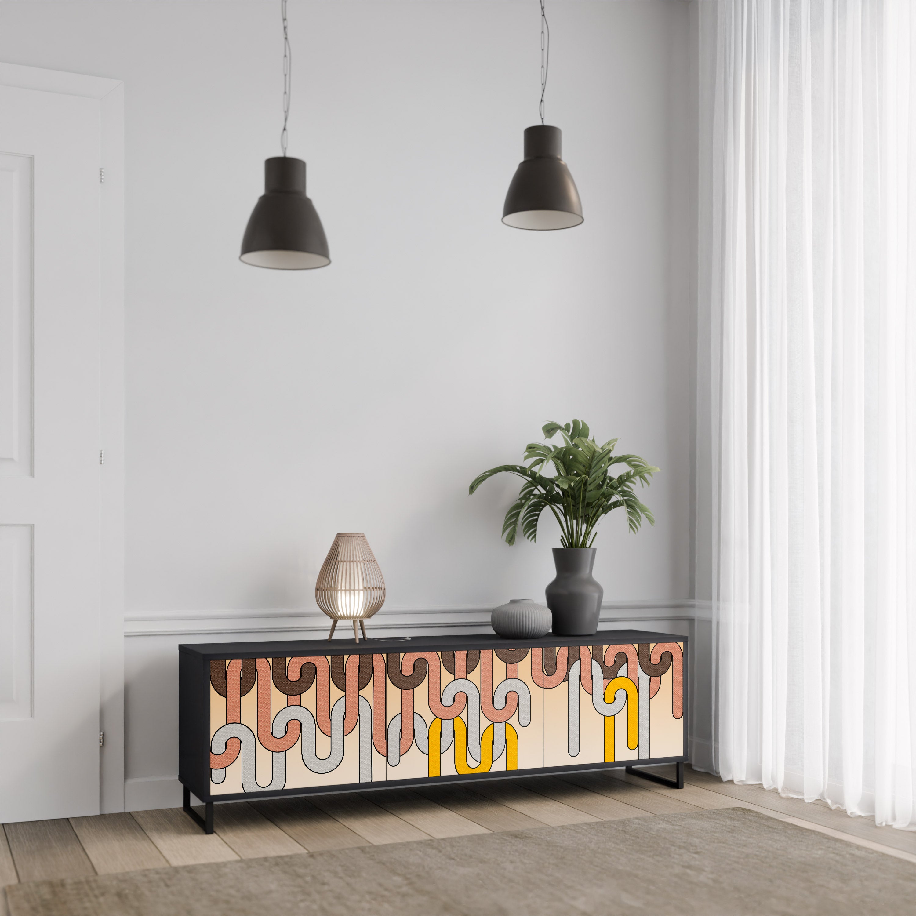 Mueble para TV de 3 puertas COLORFUL STRINGS con acabado negro