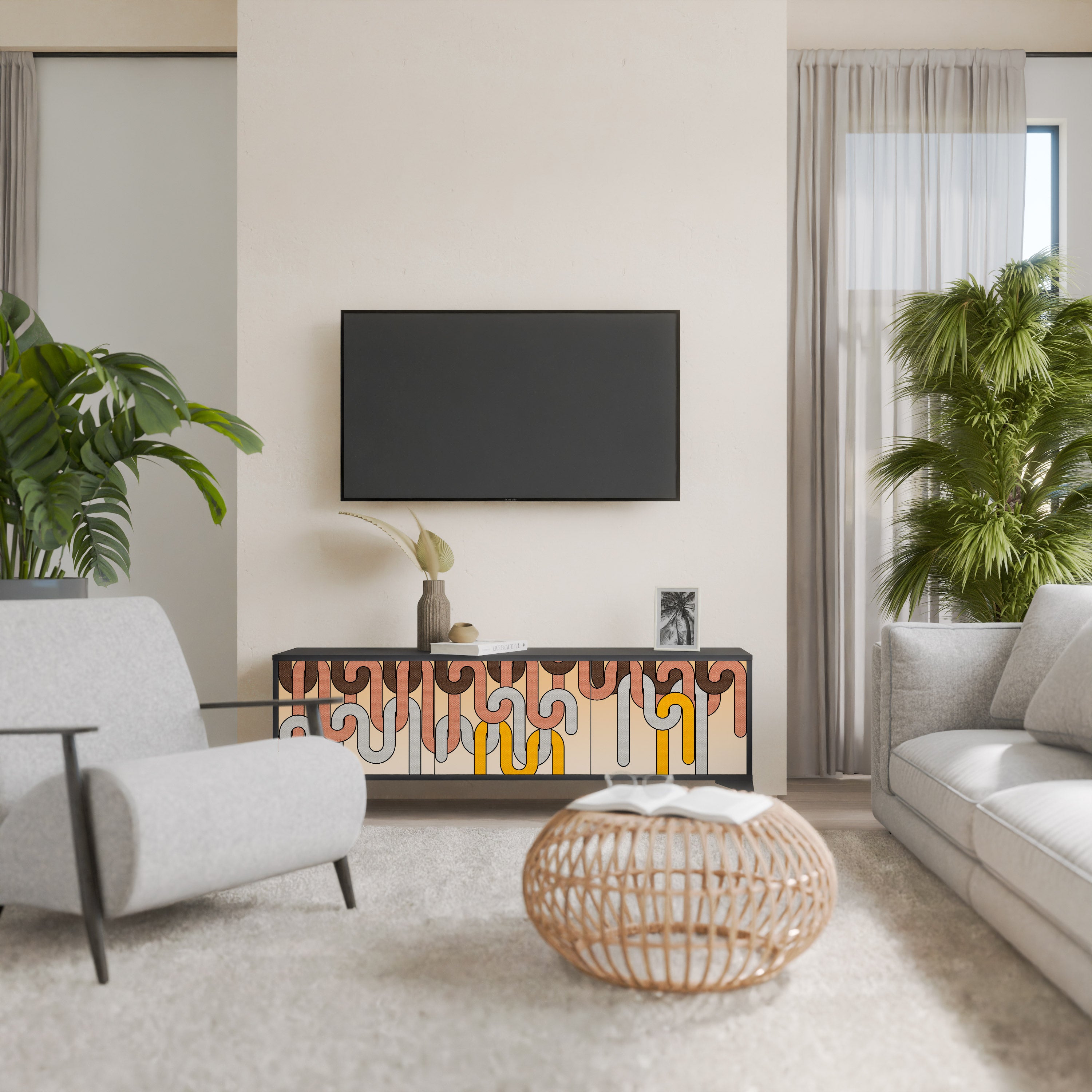 Mueble para TV de 3 puertas COLORFUL STRINGS con acabado negro