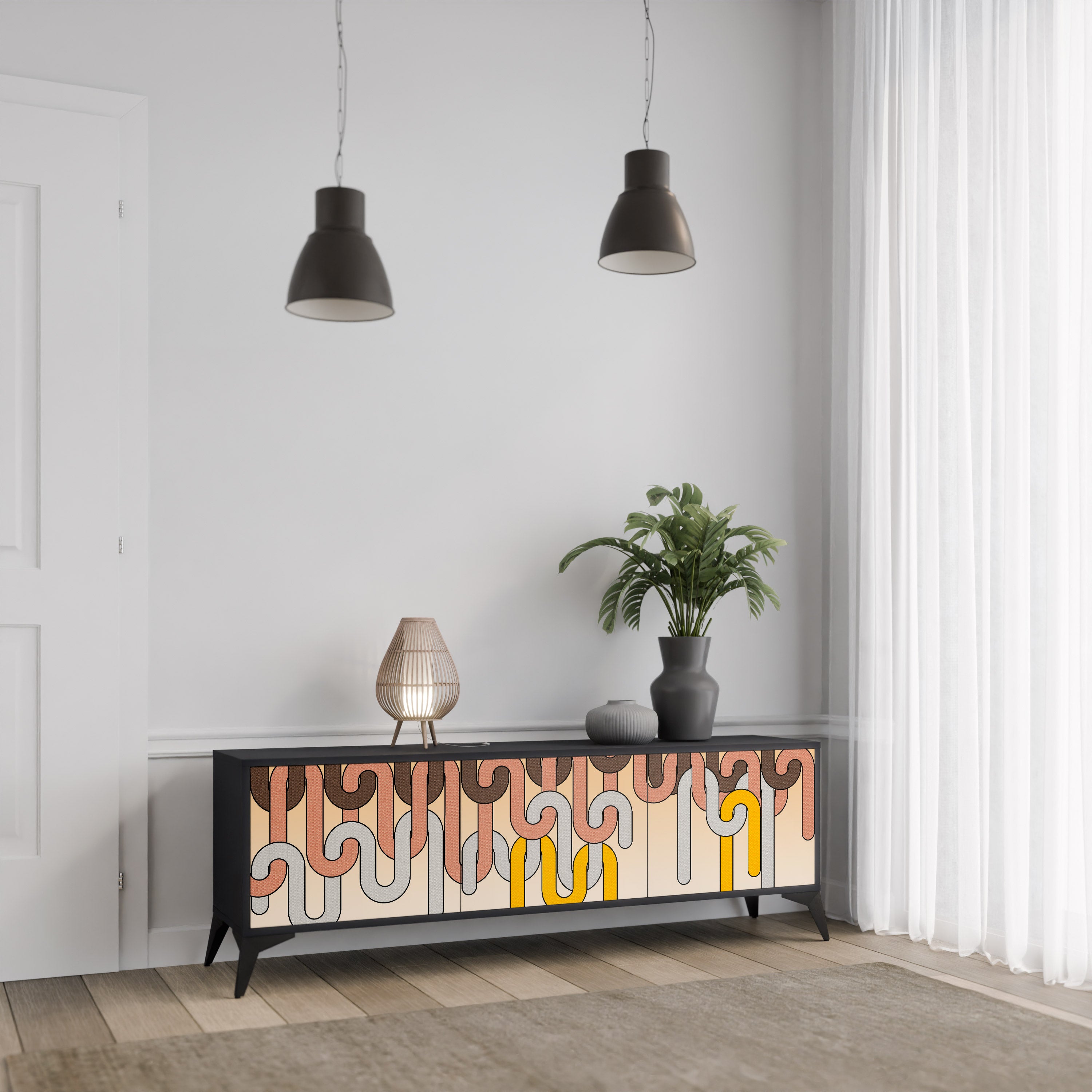 Mueble para TV de 3 puertas COLORFUL STRINGS con acabado negro