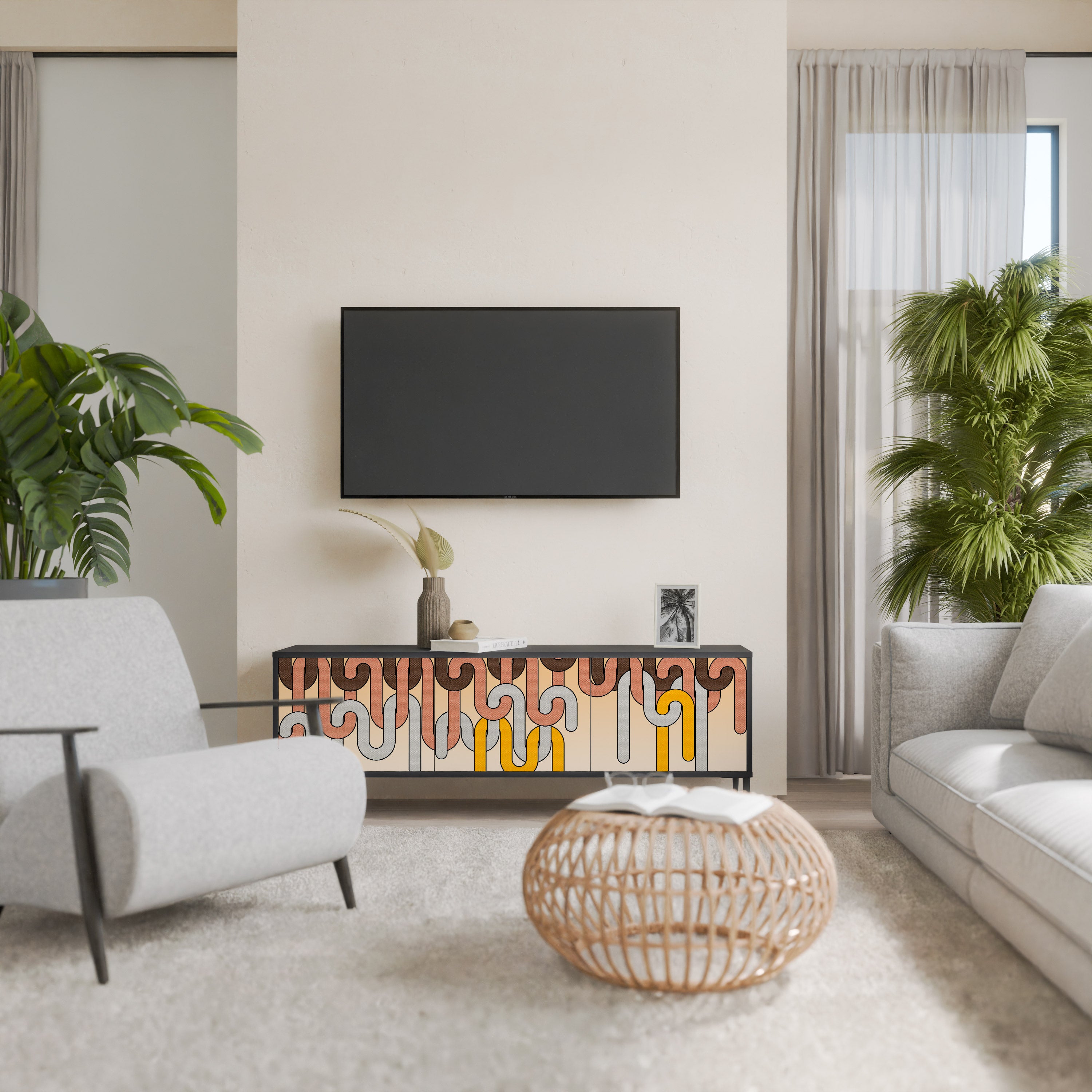 Mueble para TV de 3 puertas COLORFUL STRINGS con acabado negro