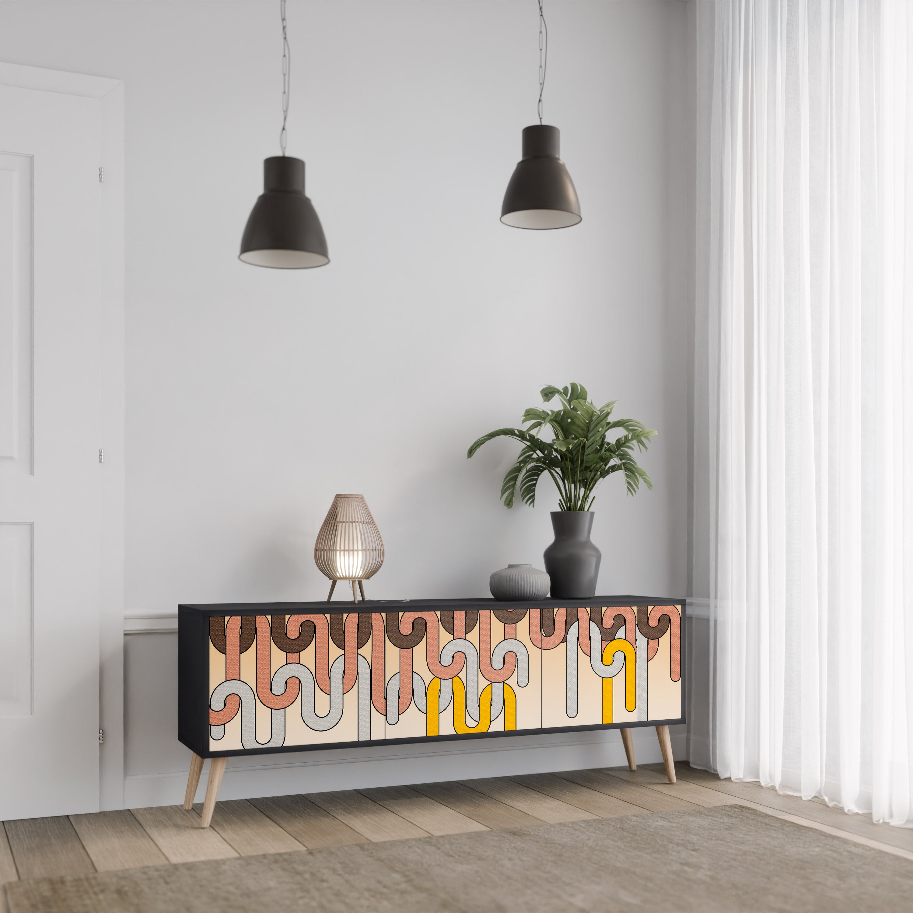 Mueble para TV de 3 puertas COLORFUL STRINGS con acabado negro