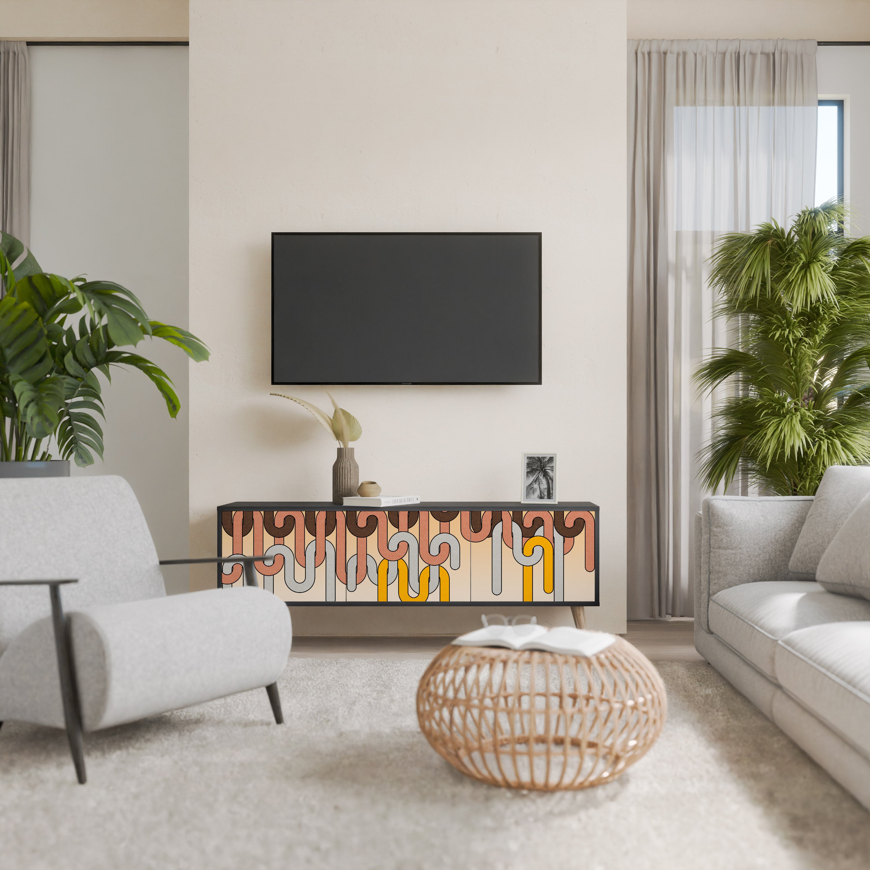 Mueble para TV de 3 puertas COLORFUL STRINGS con acabado negro