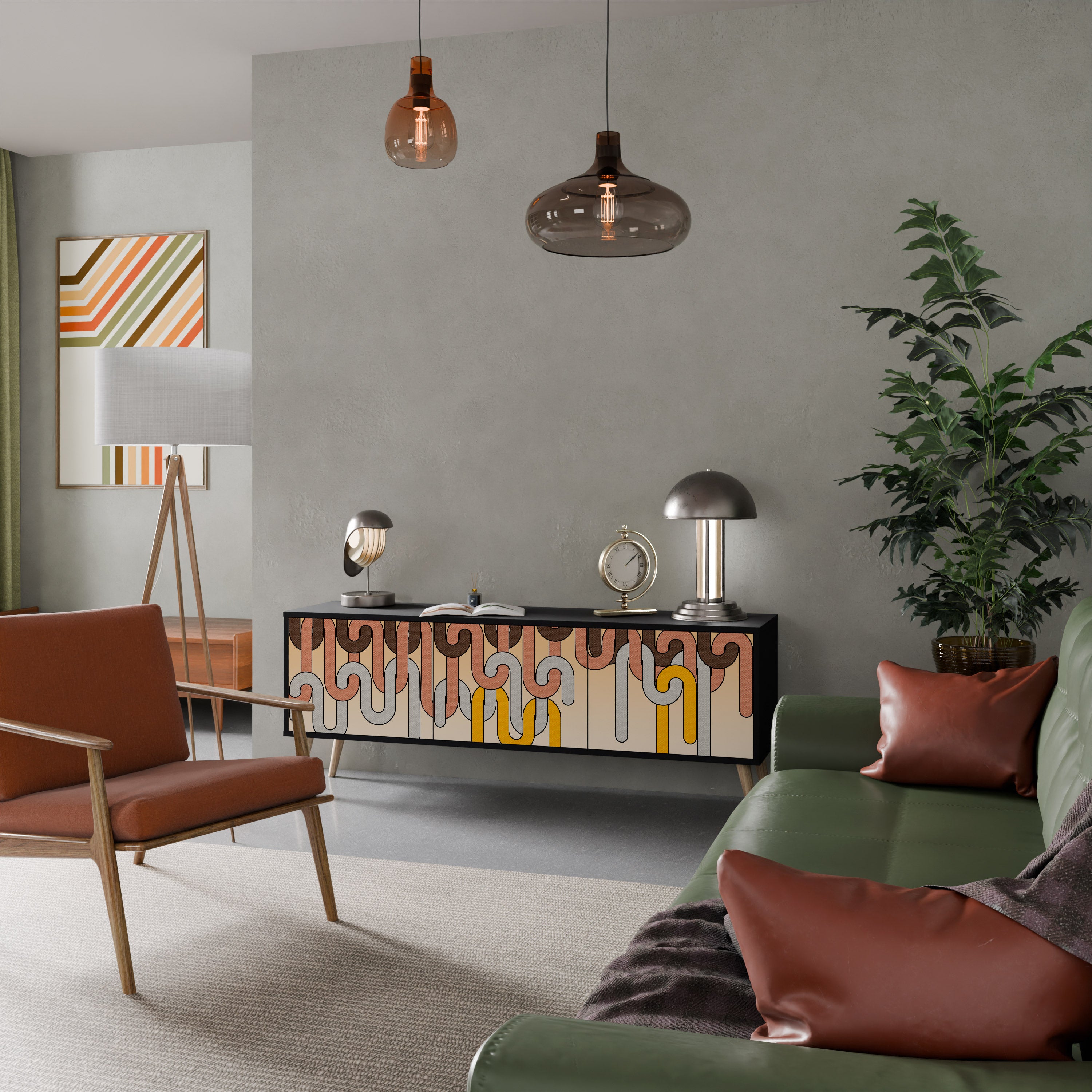 Mueble para TV de 3 puertas COLORFUL STRINGS con acabado negro