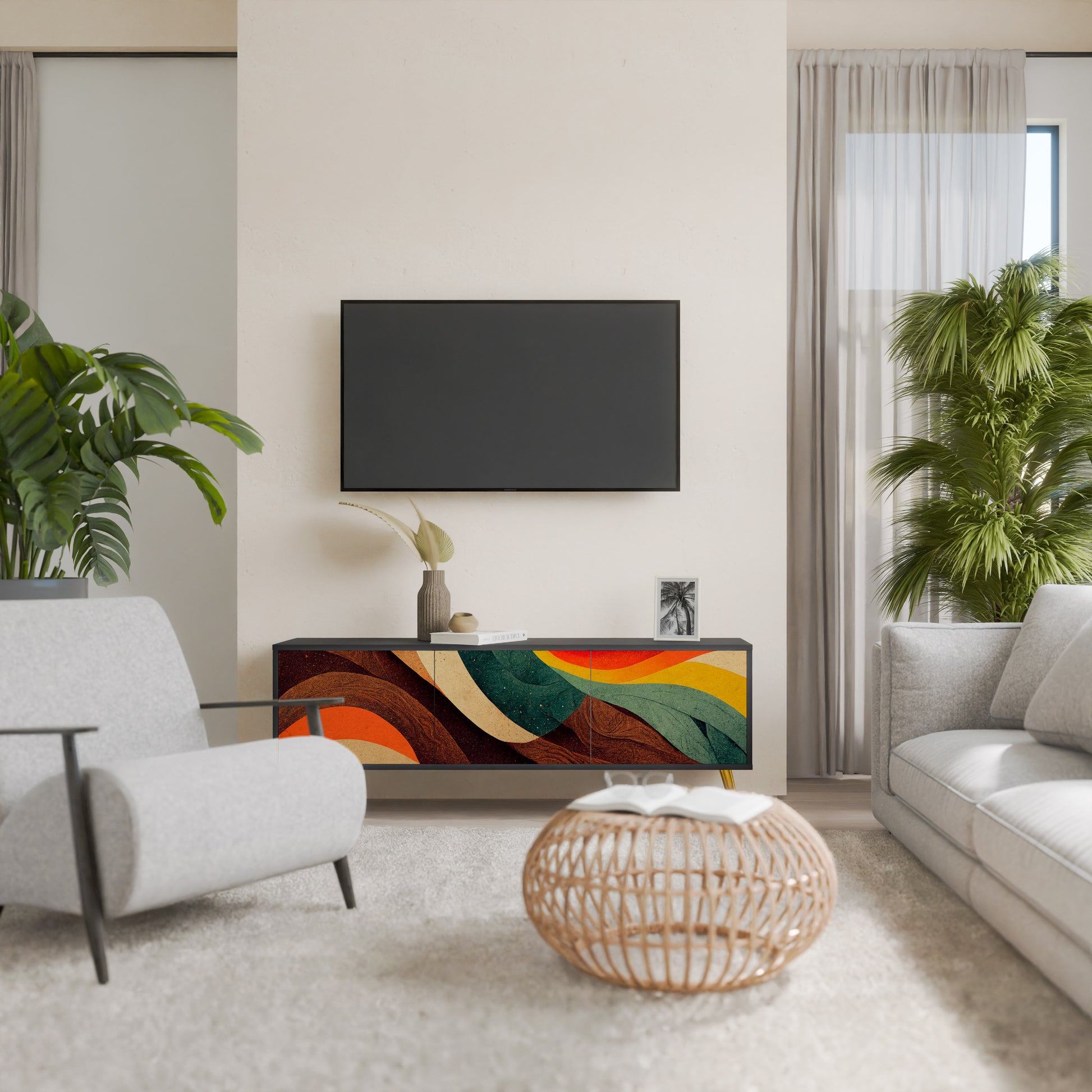 Mueble de TV de 3 puertas COLORFUL STRANDS en acabado negro
