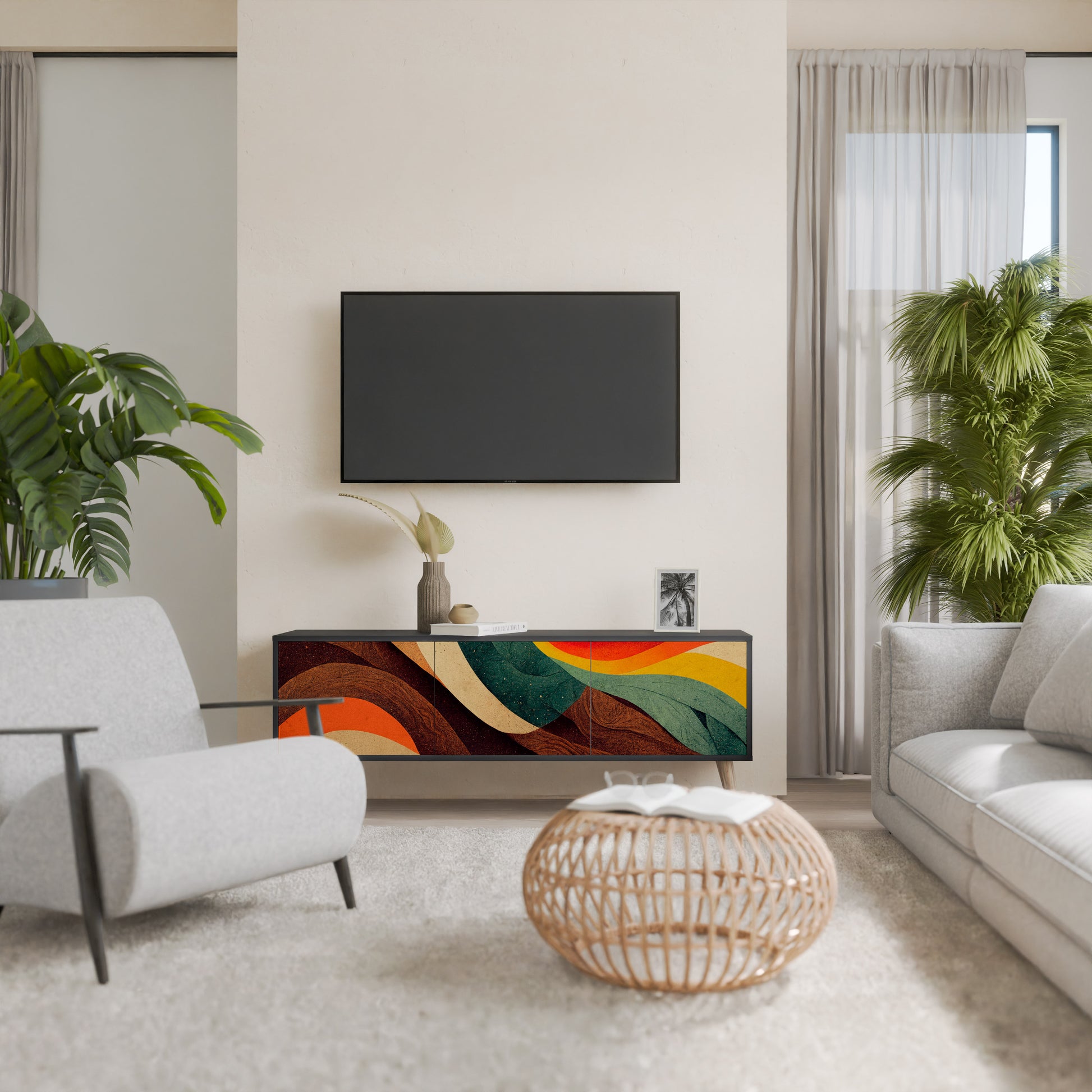 Mueble de TV de 3 puertas COLORFUL STRANDS en acabado negro