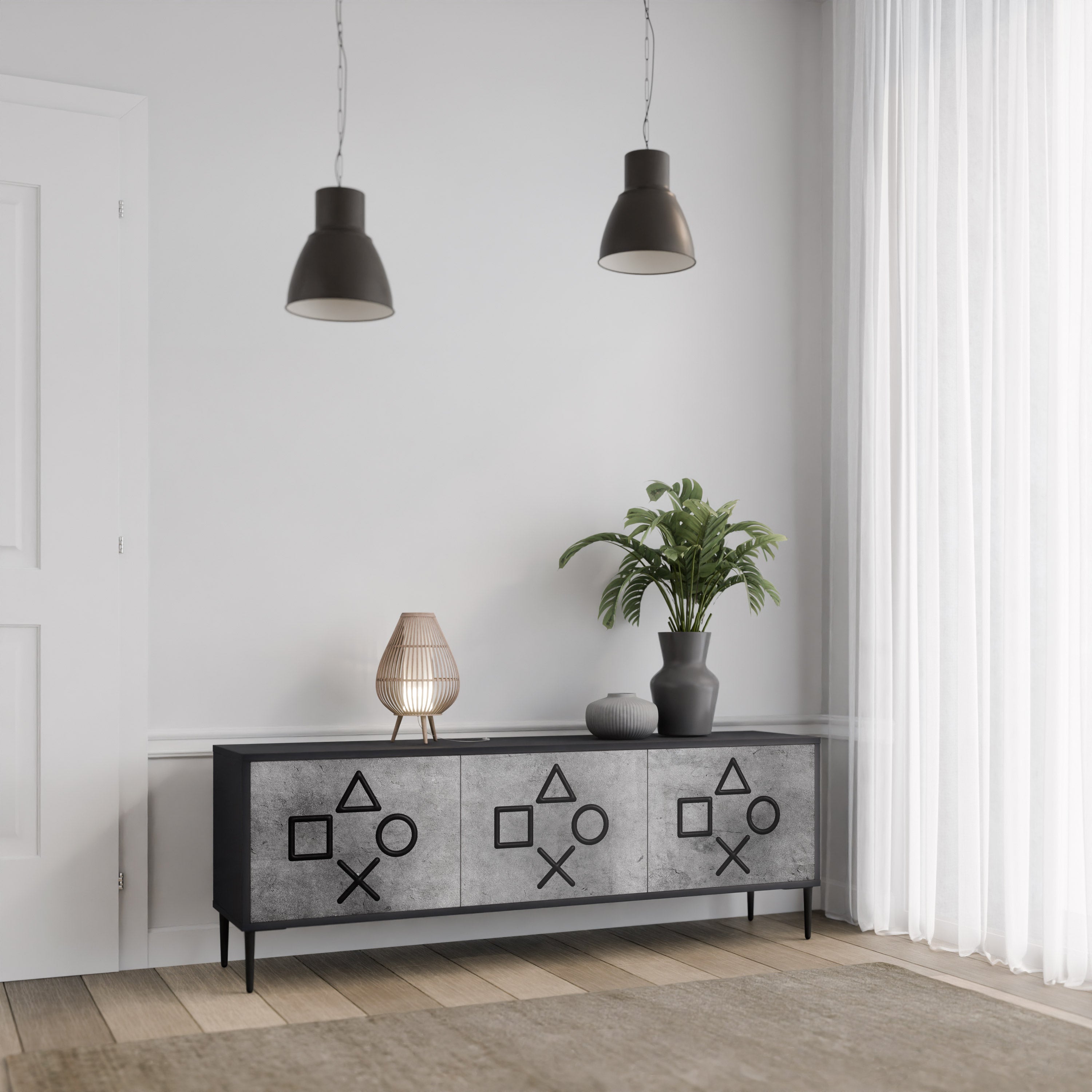 Mueble de TV de 3 puertas GAMER CHOICE con acabado negro