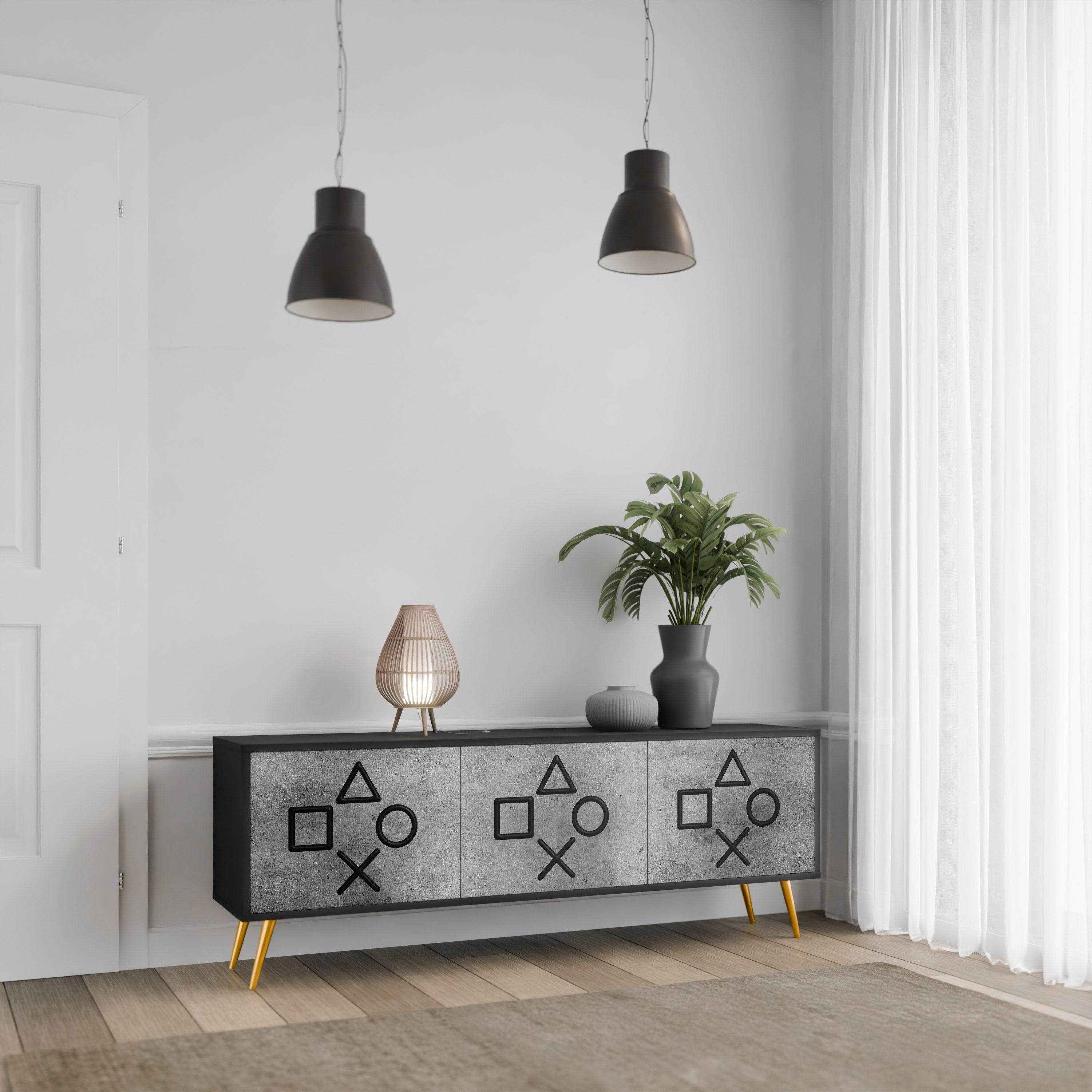 Mueble de TV de 3 puertas GAMER CHOICE con acabado negro